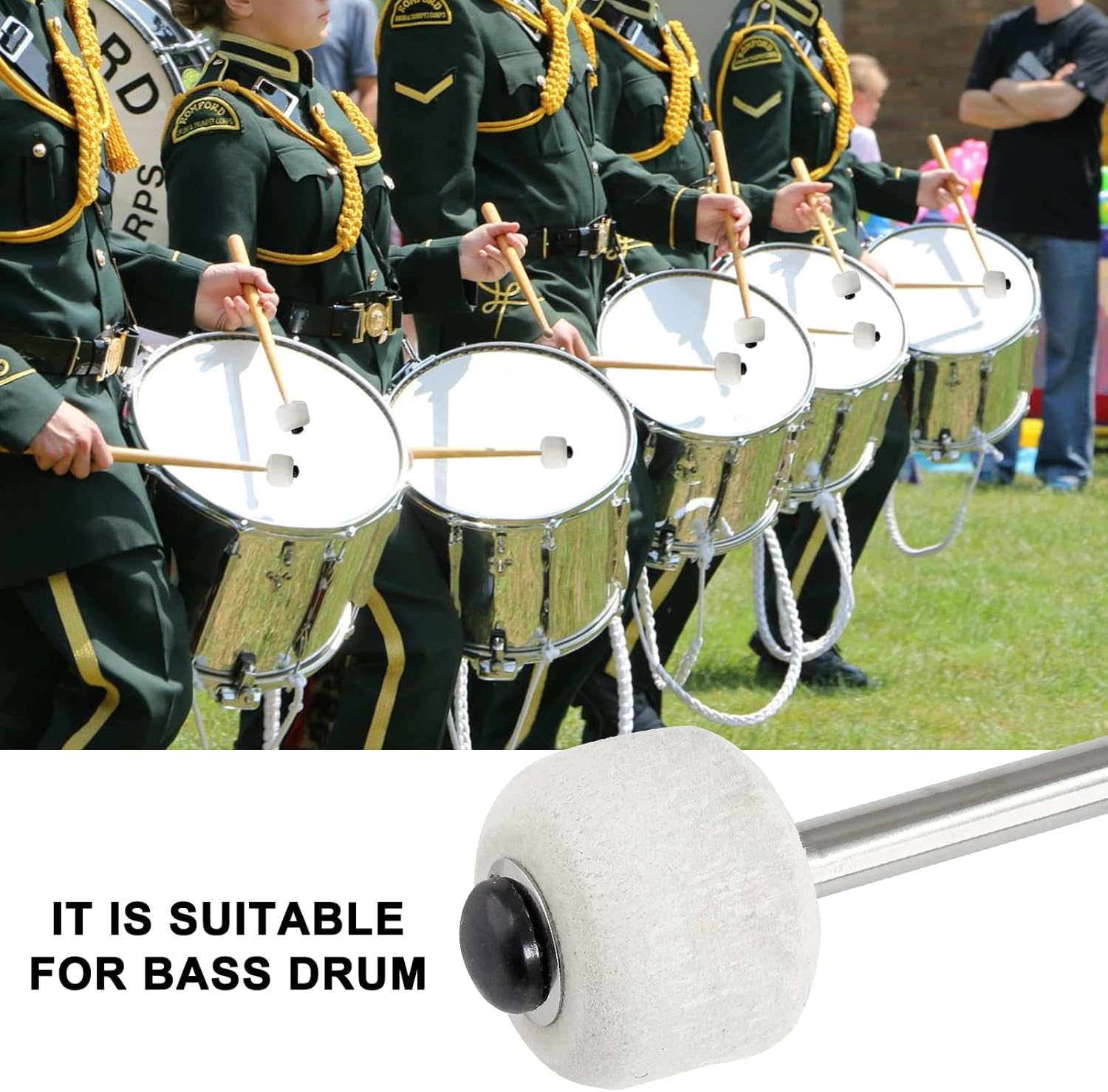 2Pcs Bass Drum Mallet, 12.6 Inch Wool Felt Head Drum Mallet Stick Anti-slip Bass Percussion Sticks Instrument Band Accessory for Drums Snare Drums (Stainless Steel)