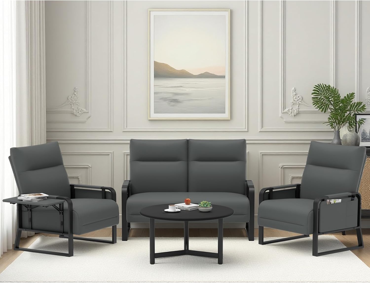 Modular Cloud Sectional Couches for Living Room, Faux Leather Loveseat & Accent Chairs Set of 2, Upholstered Sectional Sofa Set for Office, Gray