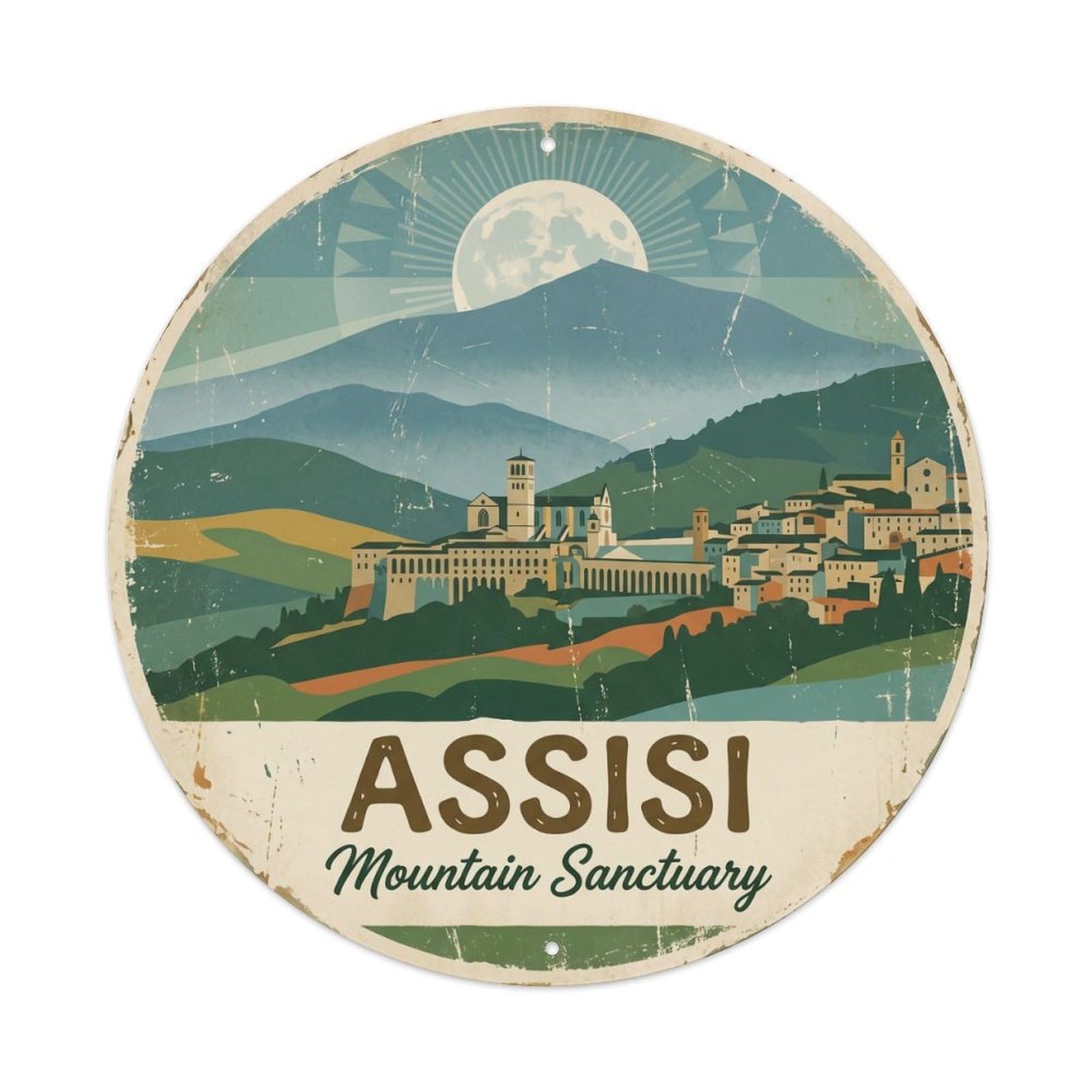 Fqcyn Style Vintage Travel Assisi Mountains Italy Metal Tin Sign Plaque Wall Decor For Cafe, Club Bar, Office, Home Garden Round Metal Poster 8X8inch