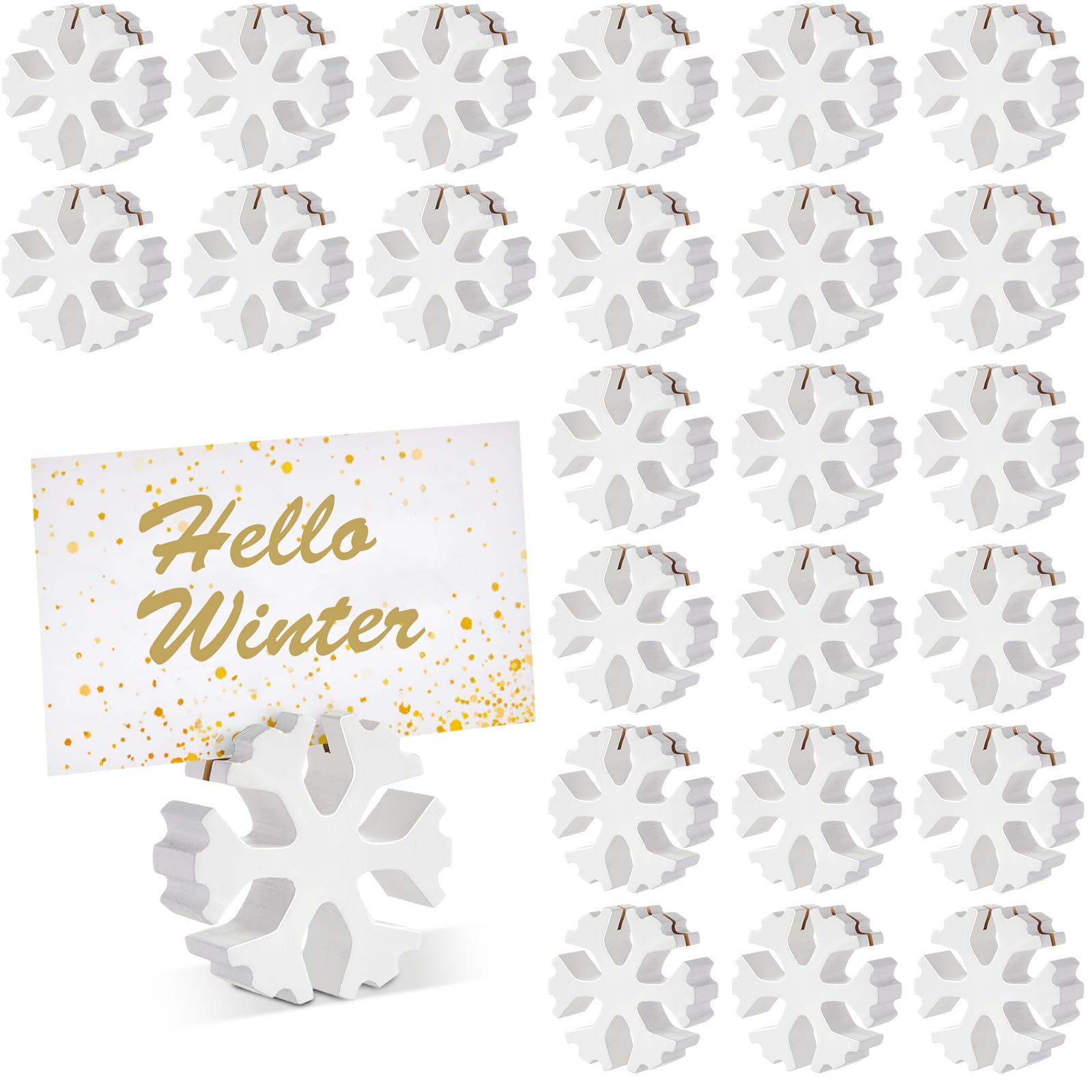 Kigley 24 Pcs Mini Christmas Snowflake Card Holders 2.17'' Xmas Wooden Table Number Holder Winter Snowflake Wood Table Sign Picture Name Photo Holder Stand for Christmas Decoration Party Favors