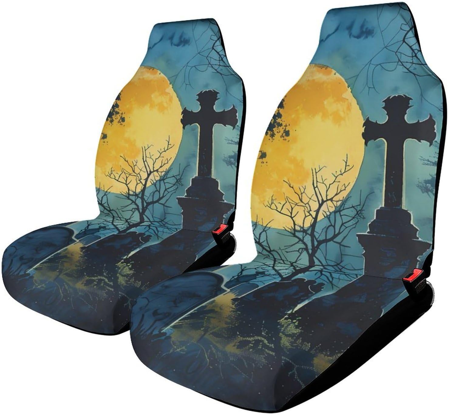 Full Moon Creepy Cemetery Car Seat Covers Automotive Seat Covers Car Seat Protector Auto Front Seats Protector for Most Cars 2PCS