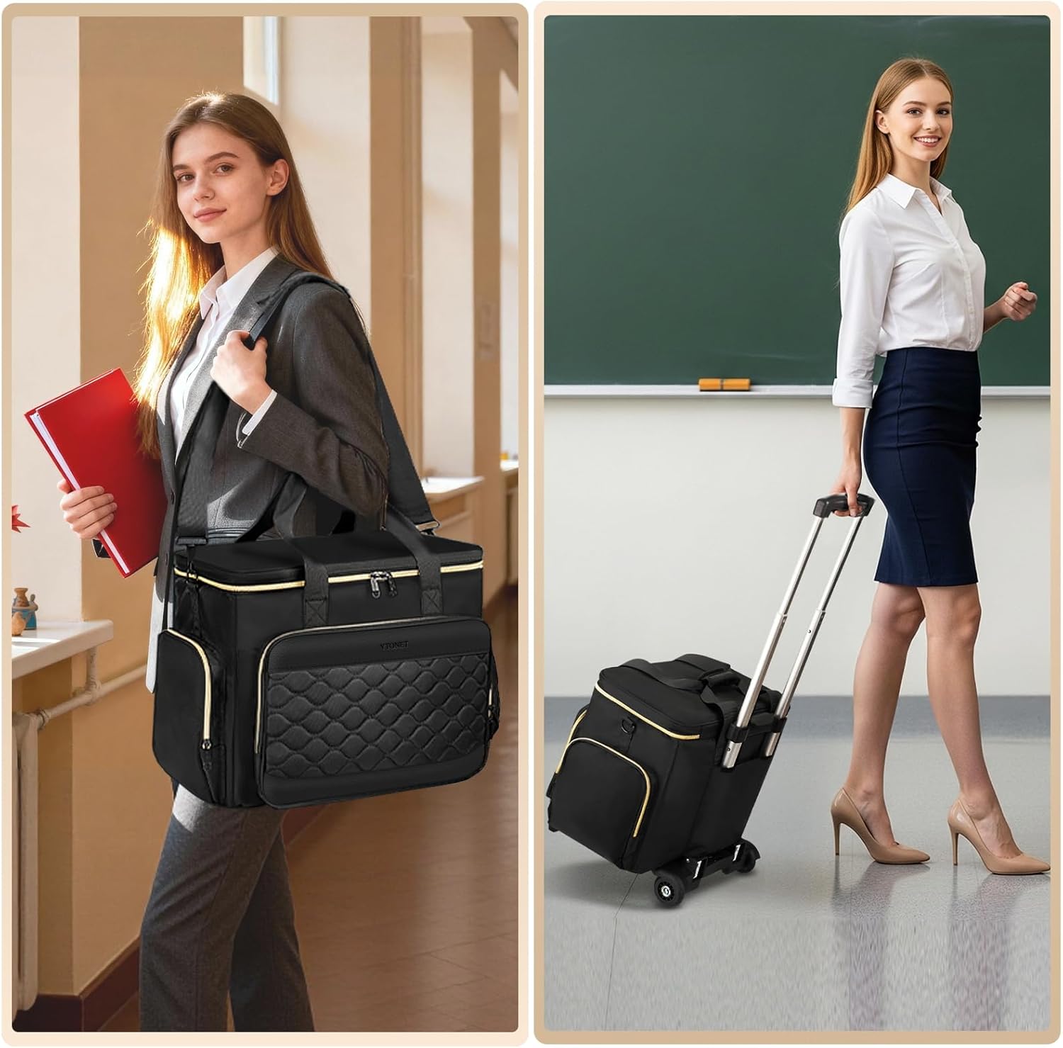 Ytonet Rolling Teacher Bag with Insulated Lunch Carrier, 15.6" Rolling Laptop Bag with Detachable Dolly, Underseat Travel Bag Roller Briefcase for Women Roller Tote Bags for Teacher Work Office Craft