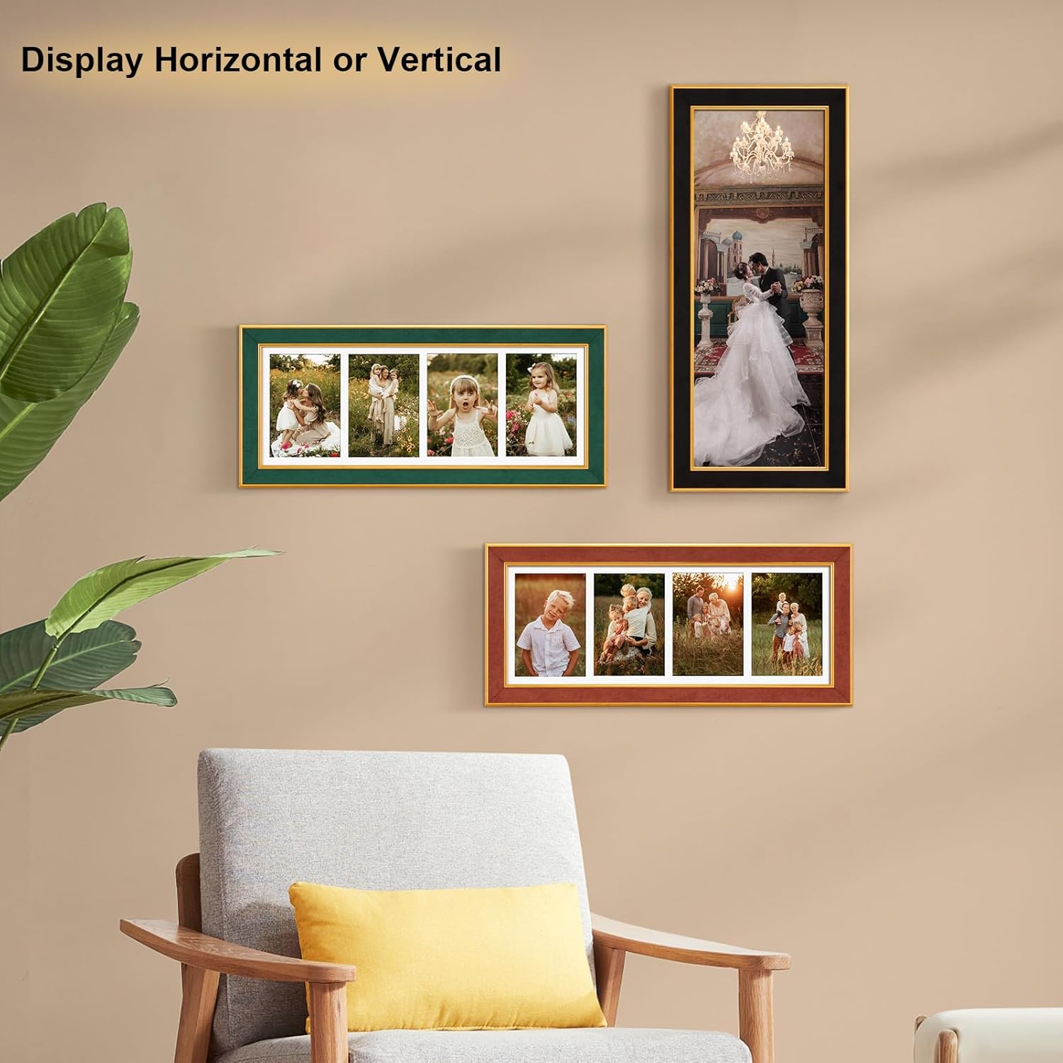 Suede 8x21 Picture Frame Display 4 Opening 5x7 Picture Frames Collage Wall Decor with Mat,Multi Photo Frame for Plexiglass,Wall Decor,1Pack,Green