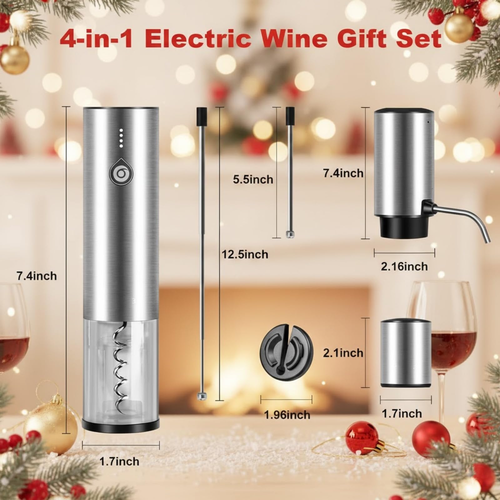 Tire-Bouchon Électrique Rechargeable 4 en 1, Coffret Cadeau avec Ouvre Bouteille & Aérateur de Vin Automatique, Bouchon à Vide et Coupe-Capsule, Idée Cadeau pour Noël et Anniversaire