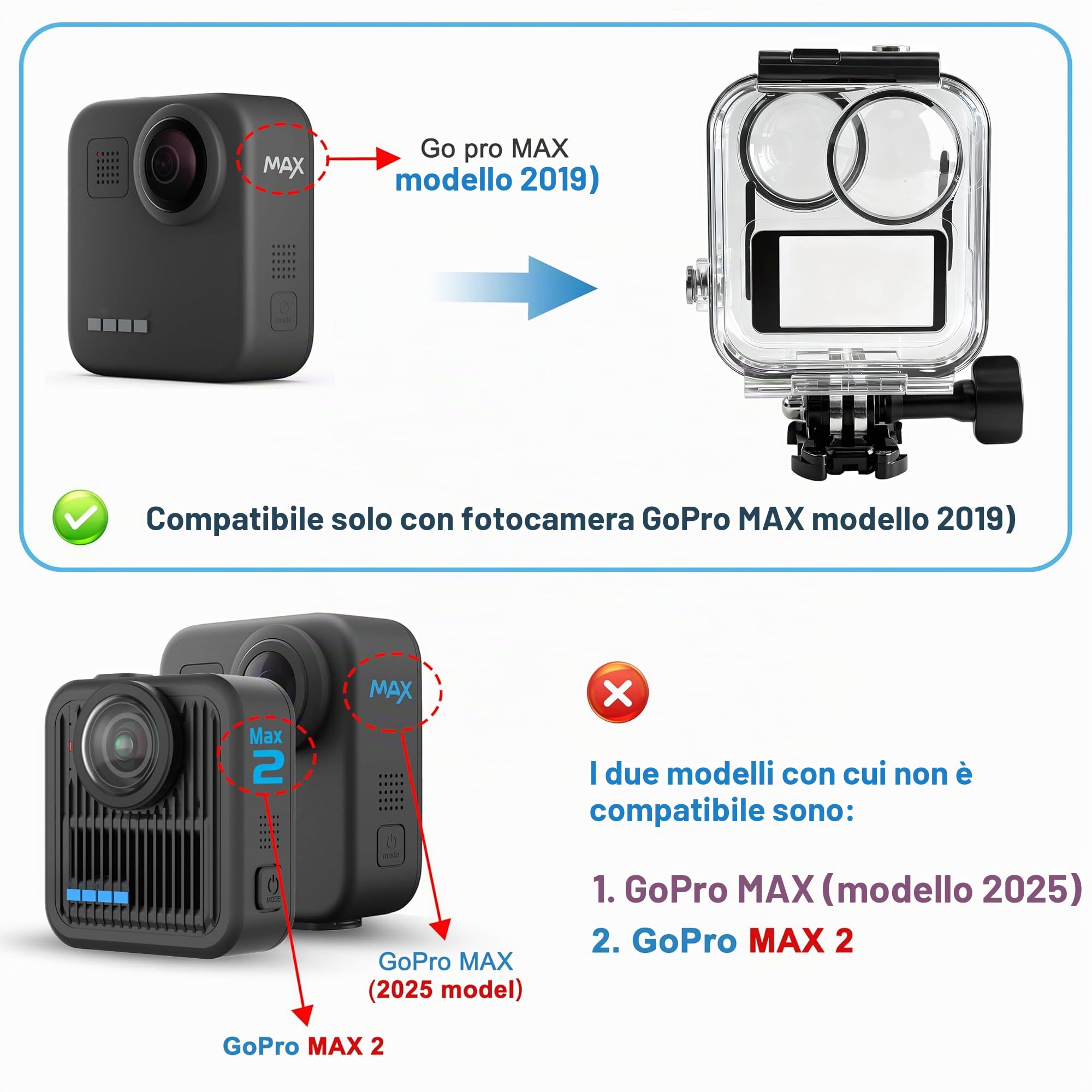 FiTSTILL Custodia impermeabile per GoPro MAX 360 (2019), subacquea per touchscreen fino a 45M/147piedi con kit di accessori per il montaggio a staffa (non con MAX2 e MAX 360 2025)