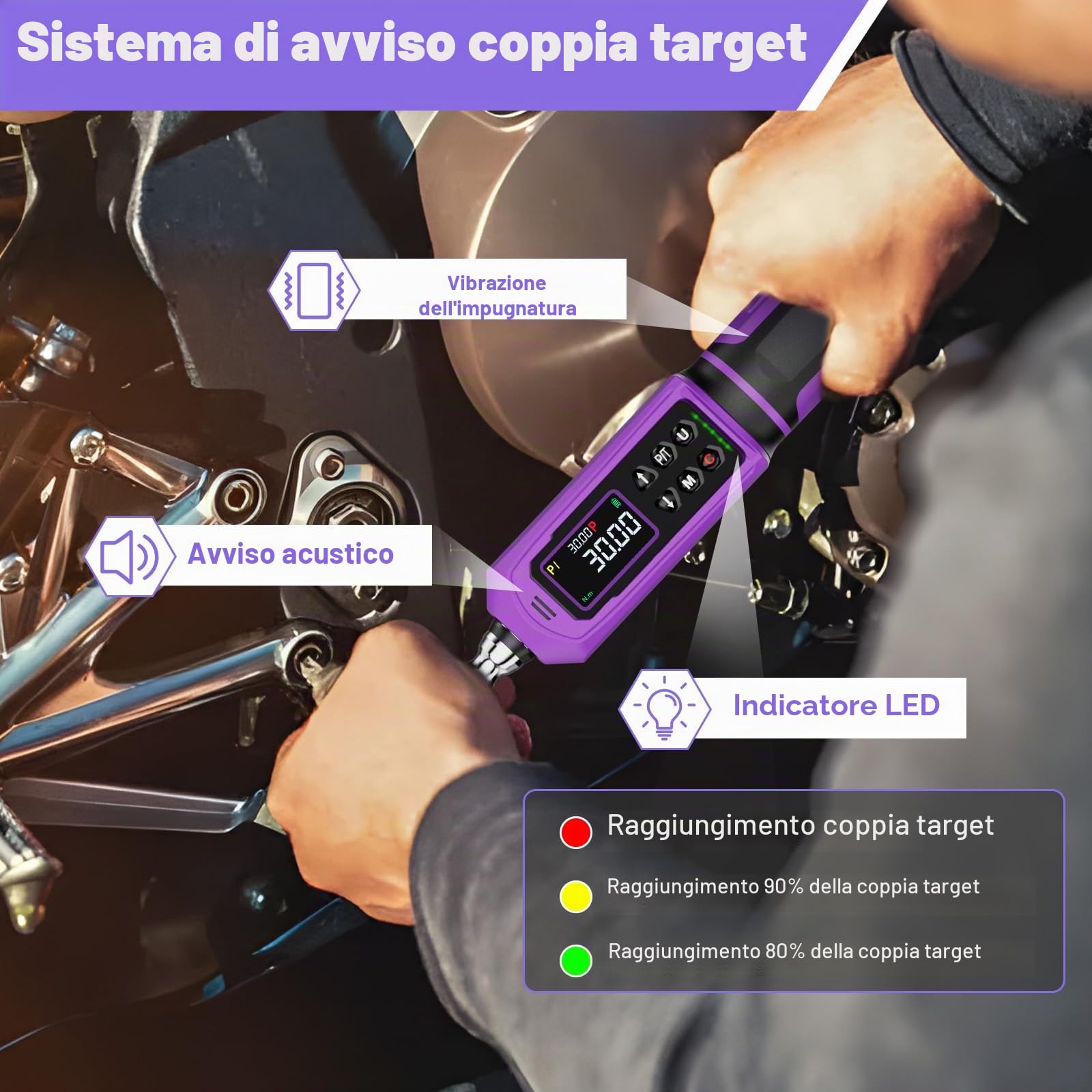 ANPUDS Chiave Dinamometrica Digitale 1/4", 0.45-30 Nm, ±1% Precisione | con Maniglia Vibrante, Cicalino e LED, Coppia a Doppia Direzione, per Bici da Strada e Montagna, Moto(Viola)