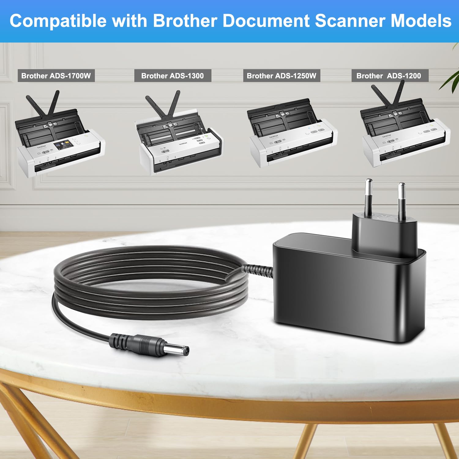 KFD Adaptateur secteur chargeur pour Brother ADS-1800W ADS-1300 ADS-1190 ADS-1200 ADS-1250W ADS-1700W ADS-1300 ADS-1350W scanner de documents Epson Workforce ES-200 ES-300W ES-300WR A491H 11B24 1201