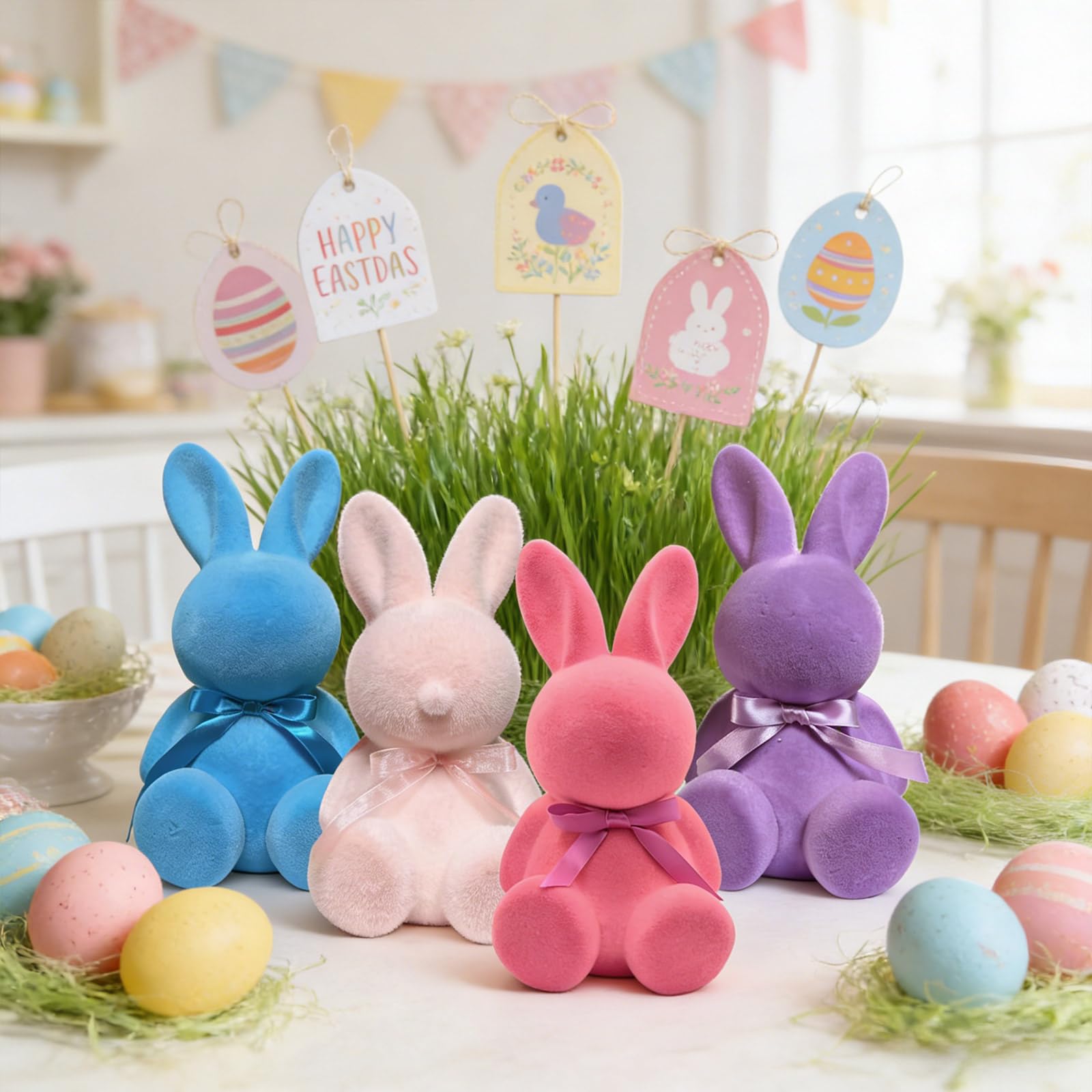 Osterhasen mit Schleifen, Sitzender Hase Deko Hase,Hasenfiguren in Pastellfarben für Tisch, Regal & Wohnraum, Frühlingsdeko (Lila/Magenta/Blau/Rosa)