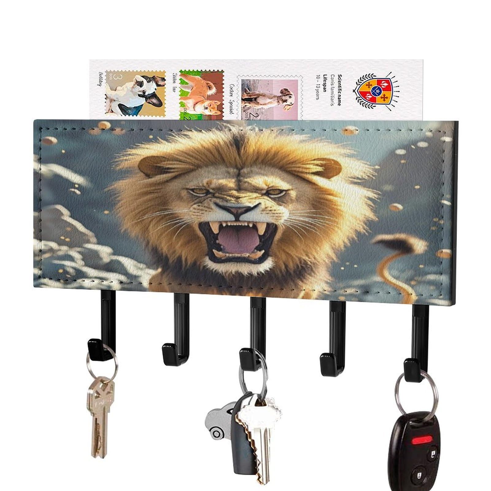Lzqpoeas Black-Style Angry Roaring Lion Key Holder Wall Mount With Mail Organizer Fashion Adhesive Key Hanger With 5 Hooks No Drill Pu Leather Key Organizer Rack For Entryway Kitchen Hallway Decor