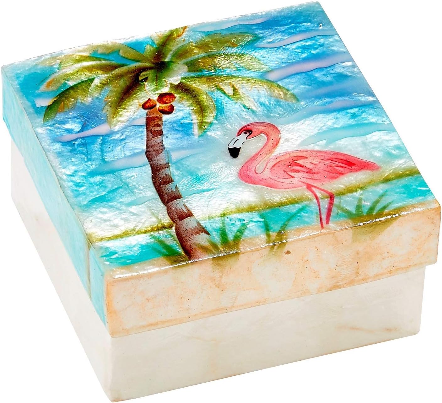 Kubla Craft Capiz Shell Trinket Box Pink Flamingo 4" X 4" X 2"