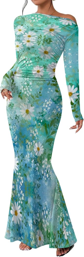 Fall One Shoulder Long Sleeve Bodycon Ruched Sexy Long Dresses Elegan Slim Fit Vintage Fishtail Dress for Party