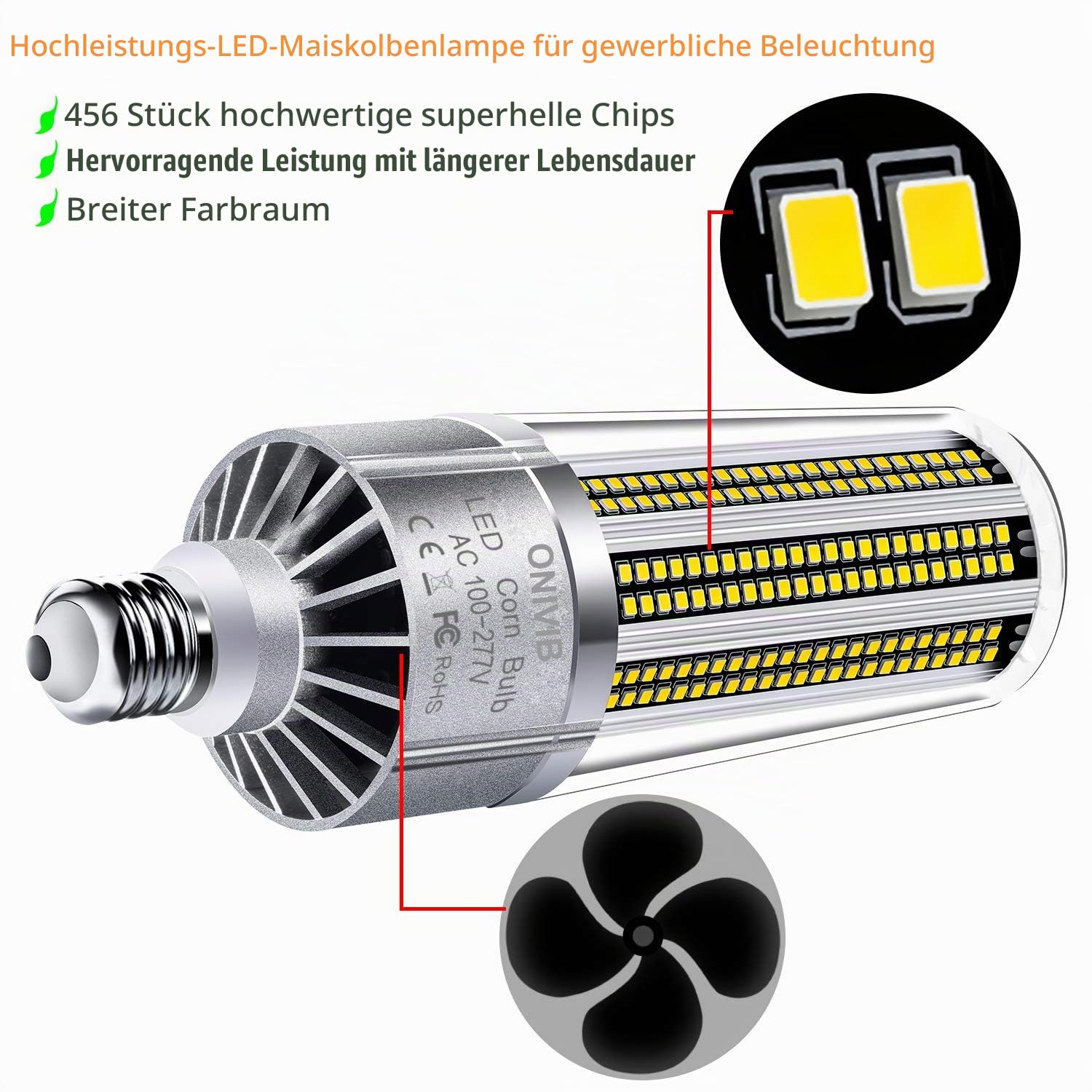 120W LED Mais lampen Glühbirnen, E27 mit E40 Mogul Sockeladapter, 14400 Lumen (1200W Äquivalent) 6500K kühles weißes, für großflächige kommerzielle Beleuchtung, Garage Warehouse Factory