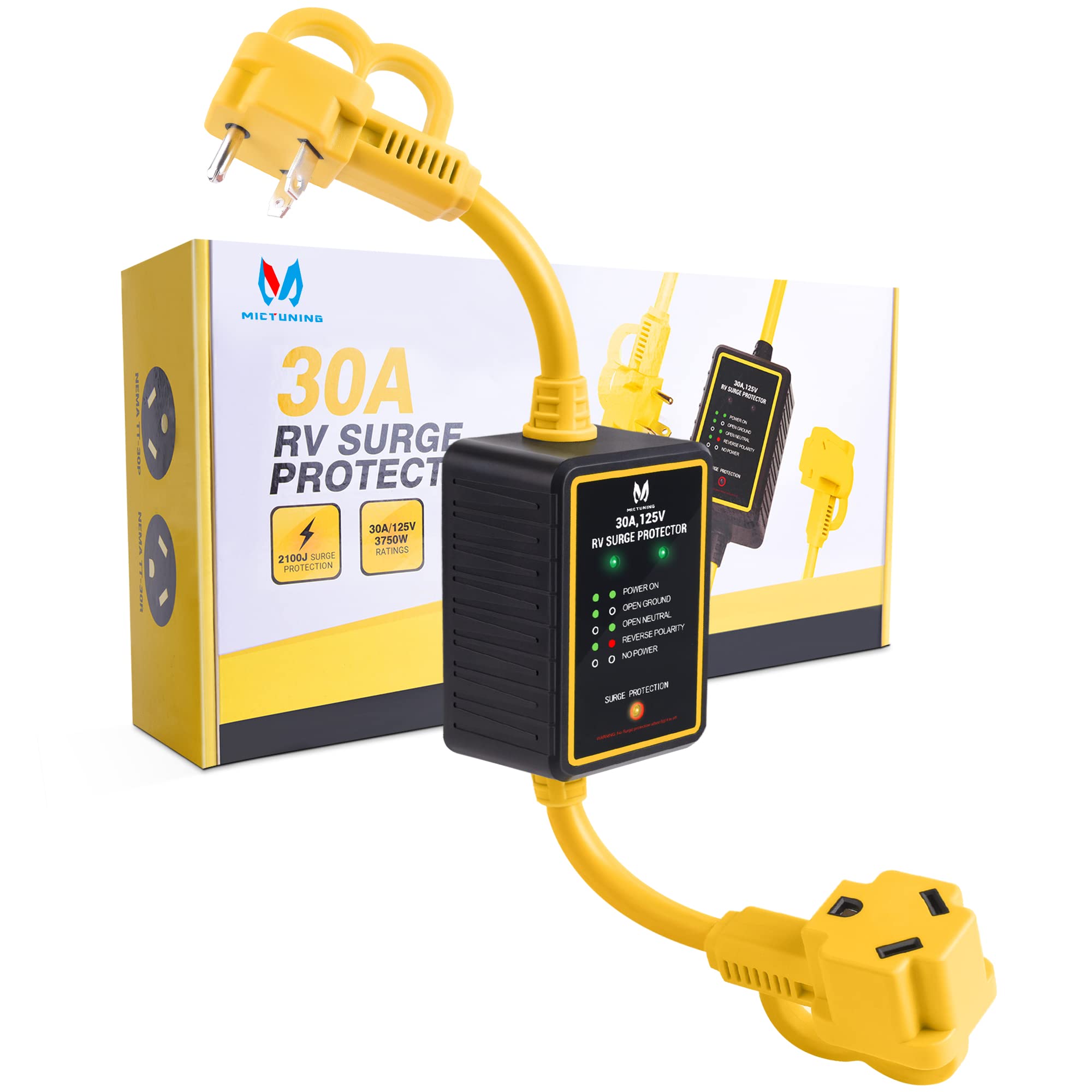 MICTUNING 30 Amp RV Surge Protector - Surge Protector with 2100J Surge Protection RV Circuit Analyzer with LED Indicators Ergonomic Handle for RV Trailer Camper