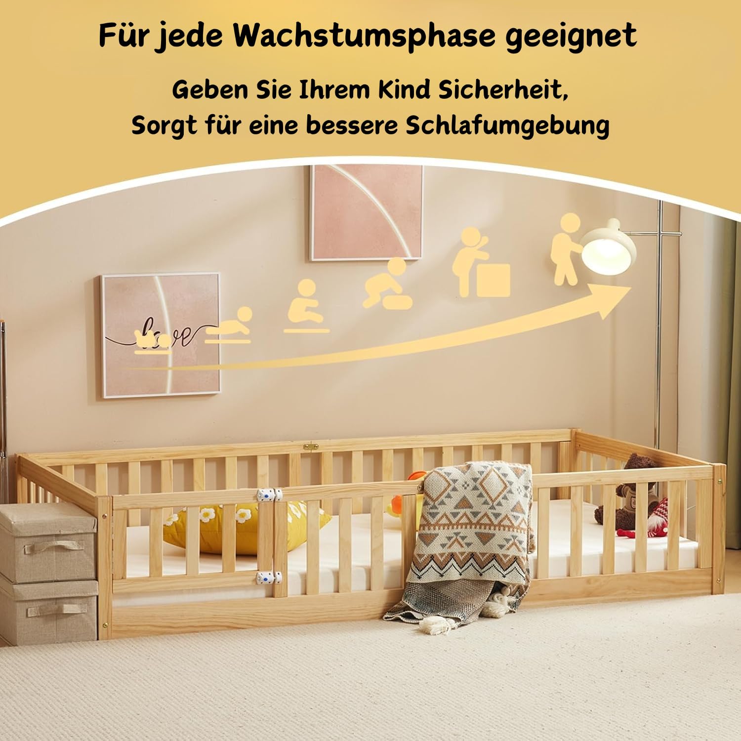 LALAHO 2-in-1 Bodenbett Montessori Kinderbett mit freien Toren, 140×200 cm Herausfallschutz & Lattenrost | Gitterbett, Kinder-Jugendbett, Einzelbett | bis 300 kg Tragfähigkeit, umbaubar（Natur）