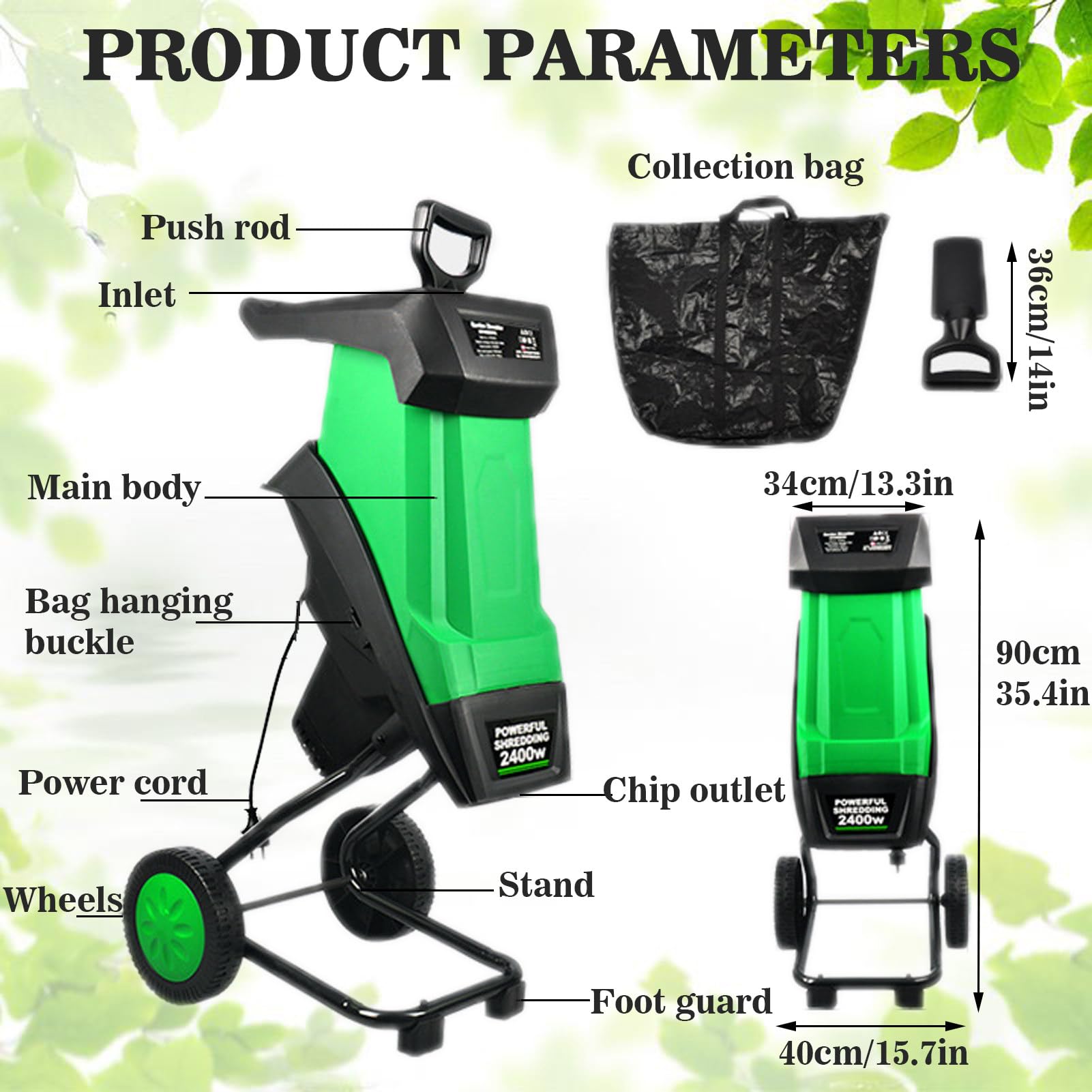 Trituradora eléctrica de jardín y trituradora de madera, potente trituradora de hojas con bolsa de recogida de 50 L, capacidad de corte de 40 mm, protección contra sobrecarga para césped y jardín