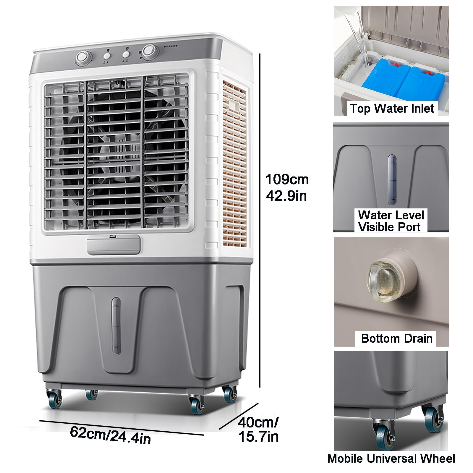 Raffrescatore d'Aria per La Casa, Raffrescatore Evaporativo A 3 velocità, Ventilatore Portatile Ad Alto Volume d'Aria con Ruote, Serbatoio da 60 Litri,62x40x109cm