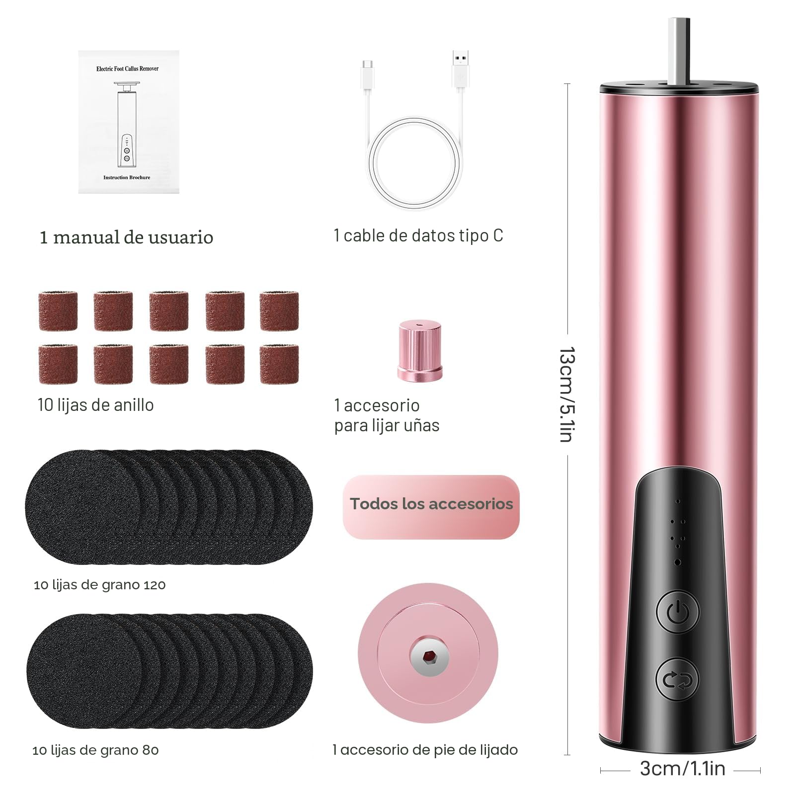 Lima Electrica pies Durezas, lima eléctrica recargable para pies, con hojas reemplazables de papel abrasivo, 6 velocidades para talones agrietados, callos, piel muerta (oro rosa)
