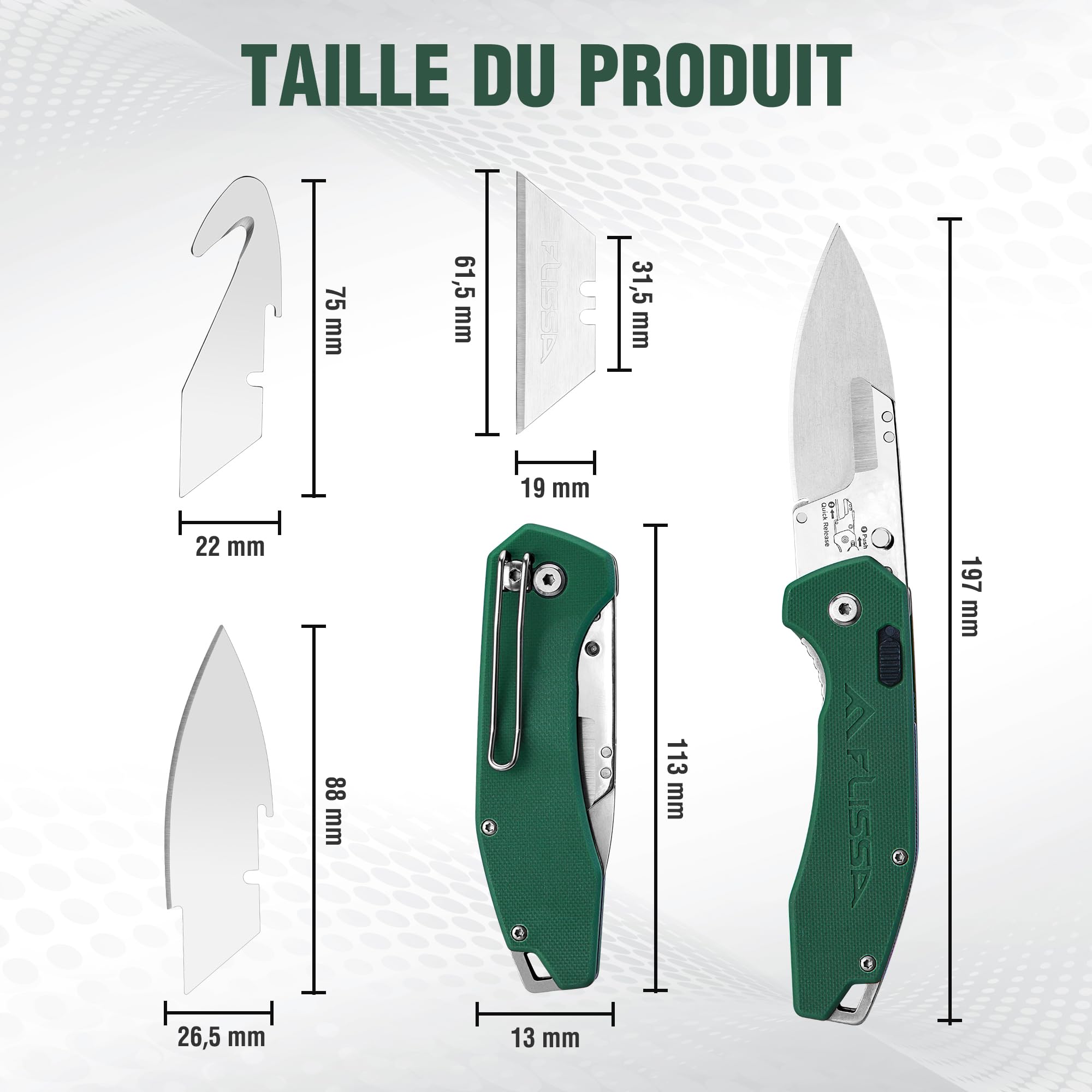 FLISSA Couteau de Poche 3 en 1 avec Manche G10, Clip Ceinture et Lames Interchangeables, Système de Verrouillage Sécurisé, Couteau Pliant Multifonction pour Usage Quotidien et Extérieur
