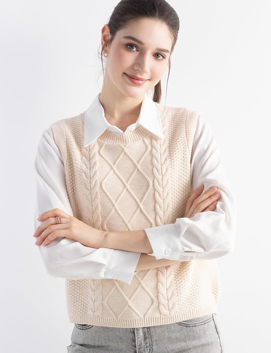 Women's Merino Wool Blend Sweater Vest 2025 Fall Winter Casual Crew Neck Cable Sleeveless Knit Pullover Sweater - Image 2