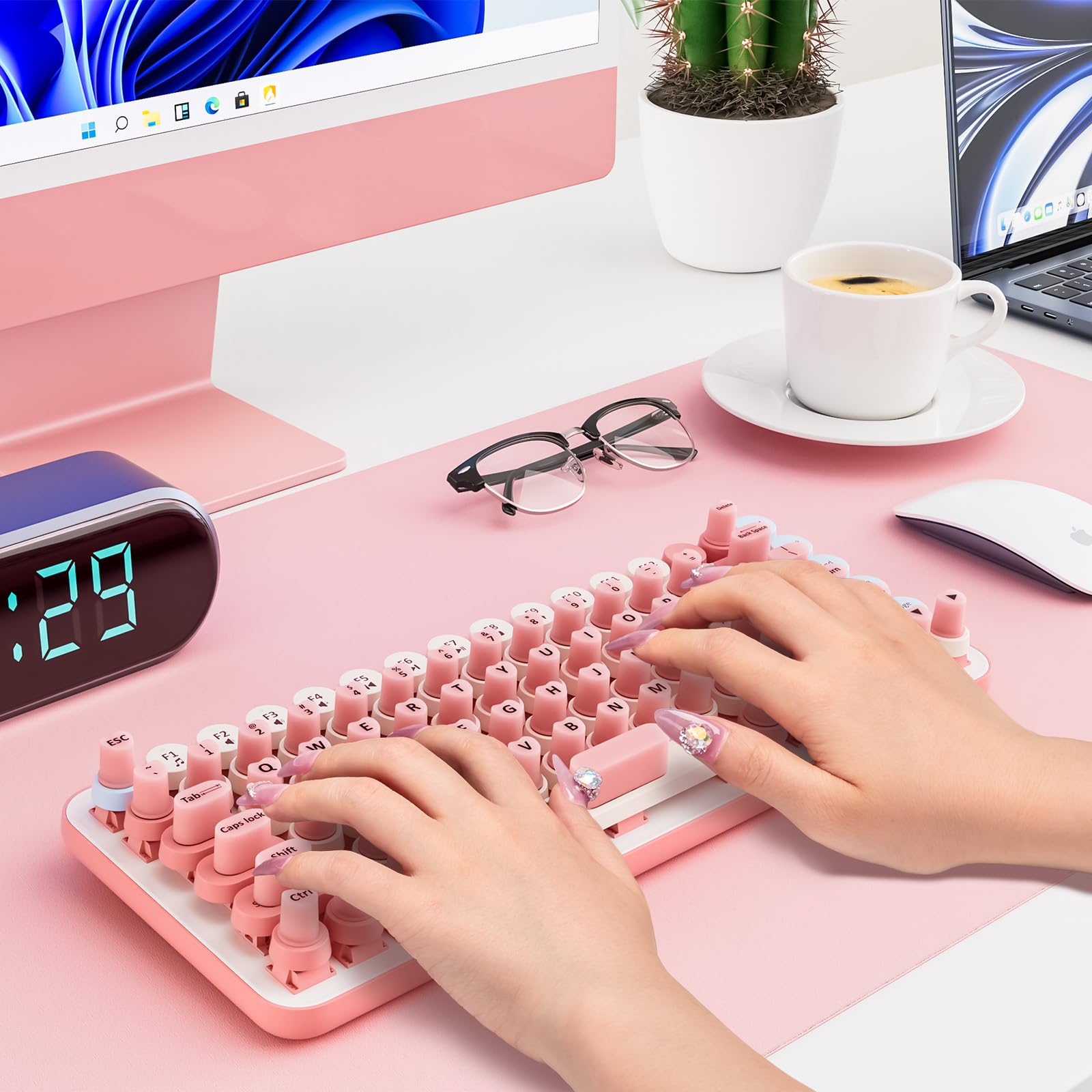 70PCS Raised Keyboard Stickers for Long Nails, Universal Nail Art Keyboard Bubbles, Self-Adhesive Keyboards for Long Nails, Comfortble Silicone Typing Keycaps for Office Girls Gaming - Pink