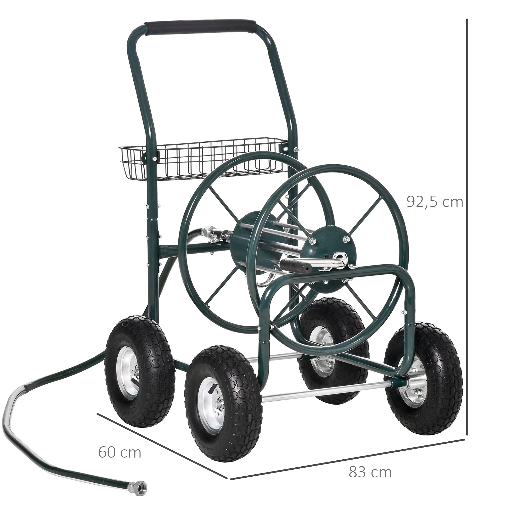Outsunny Dévidoir sur Roues 70 m - dévidoir métal - dévidoir Chariot - Enrouleur Tuyau d'arrosage - poignée antidérapante, Panier Rangement - métal Vert