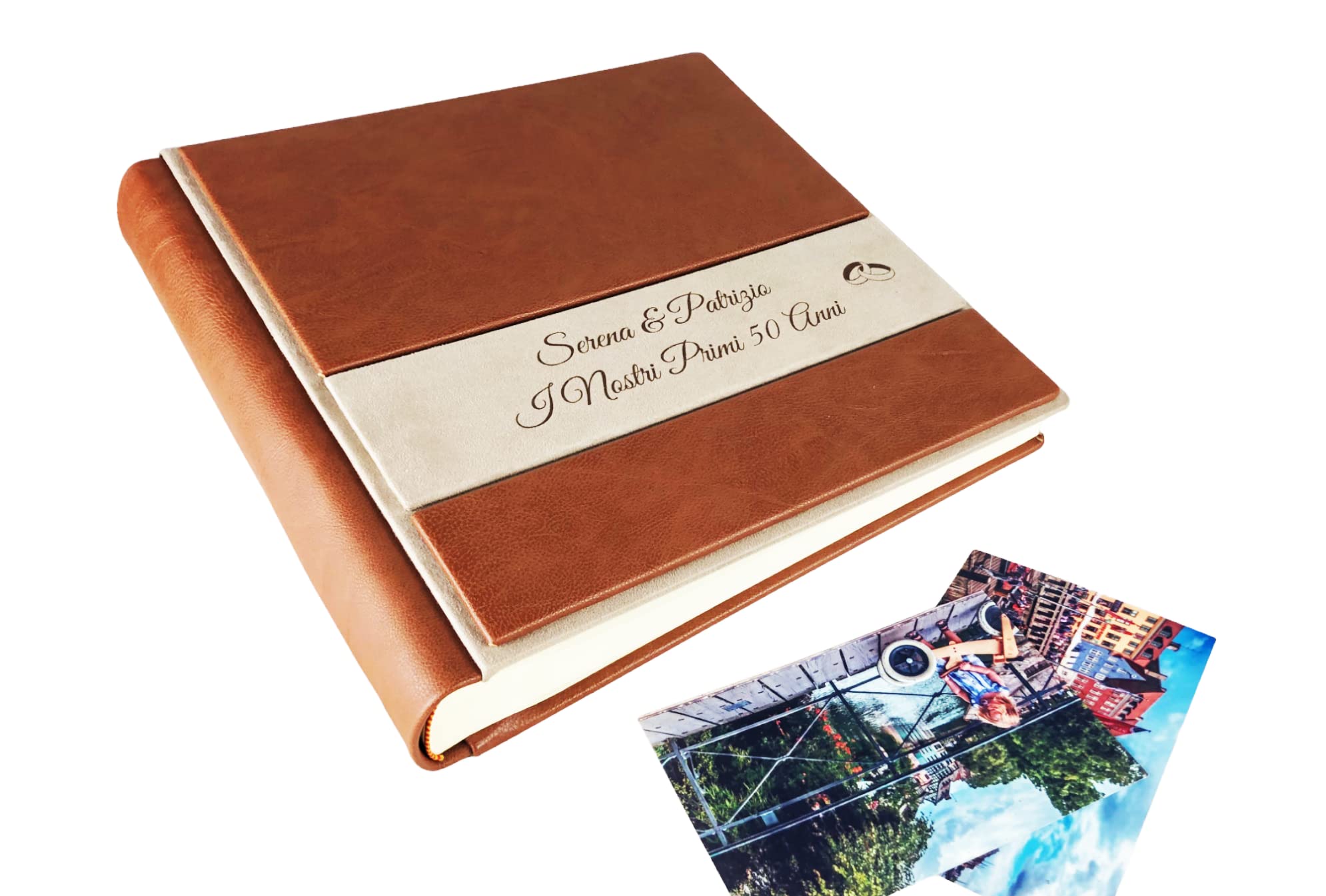 TriVin Art Album Fotografico Artigianale in Alcantara e Similpelle, Personalizzabile con Incisione. Ideale per Qualsiasi Evento. (Marrone Chiaro/Avorio)
