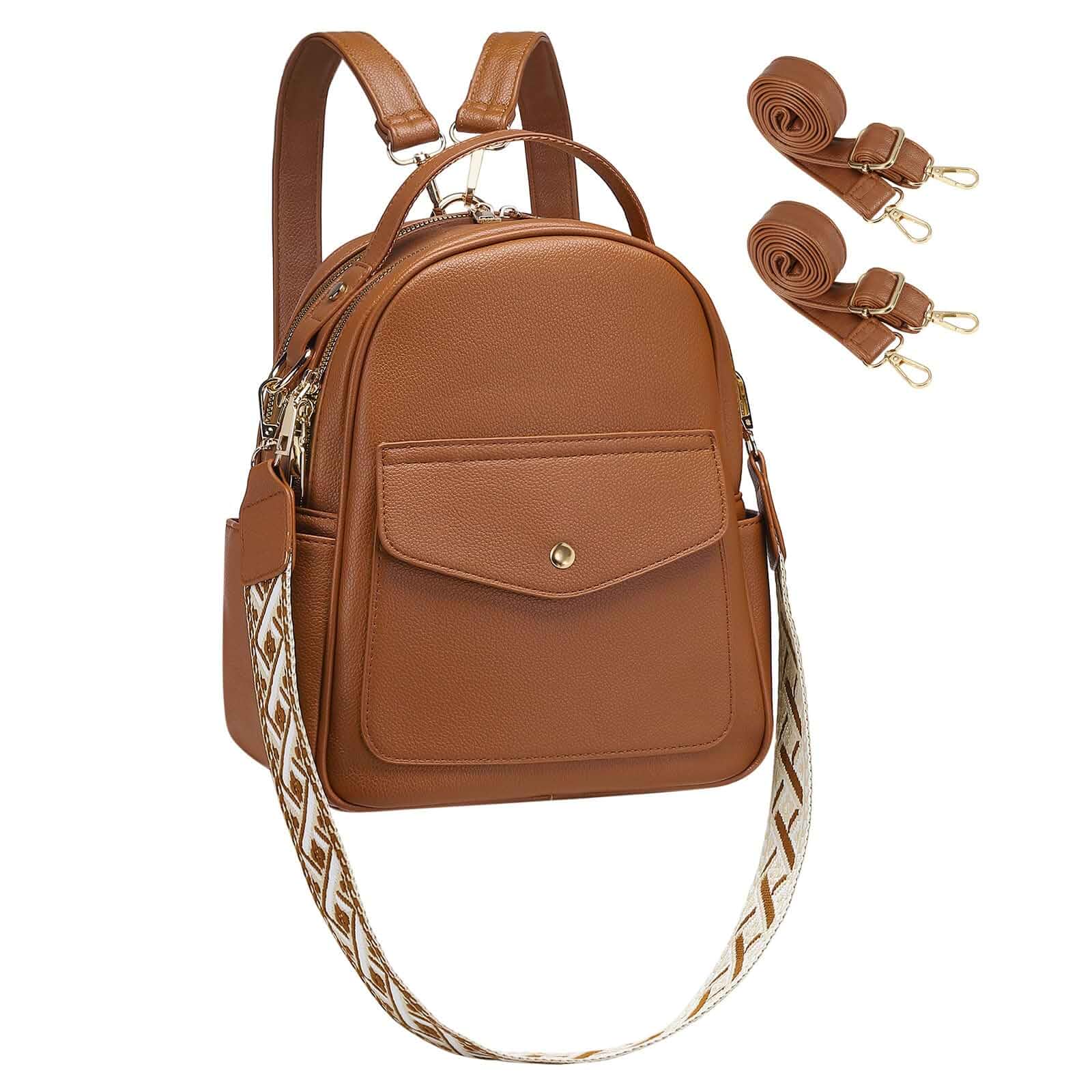 Small Backpack Purse for Women PU Leather Mini Backpack, Brown Convertible Shoulder Bag Purse with 3 Replaceable Shoulder Straps for Travel Weekender Casual