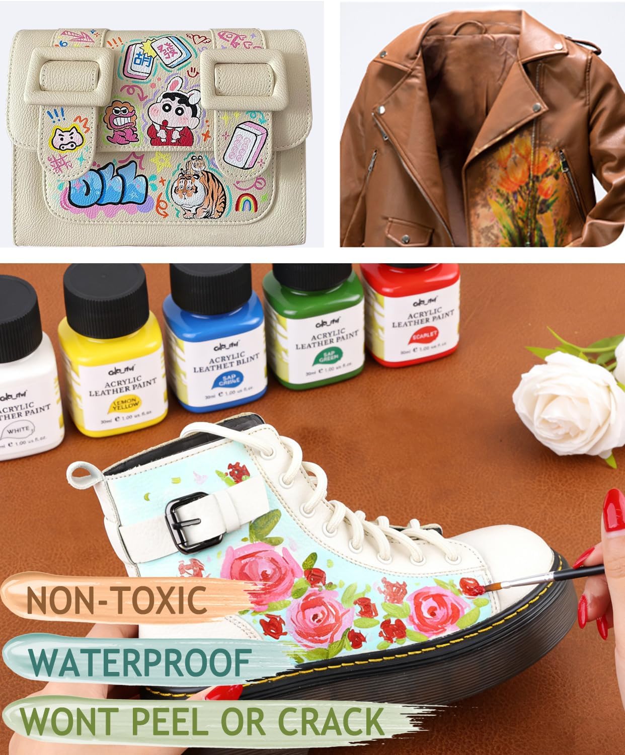 Colorful Acrylic Leather Paint, 8 x 30ml Kit with Deglazer & Finisher Gloss, 6 Colors Flexible & Waterproof Leather Dye Kit Perfect Shoes, Sneaker, Couches, Bags, Sofa, and Car Seat