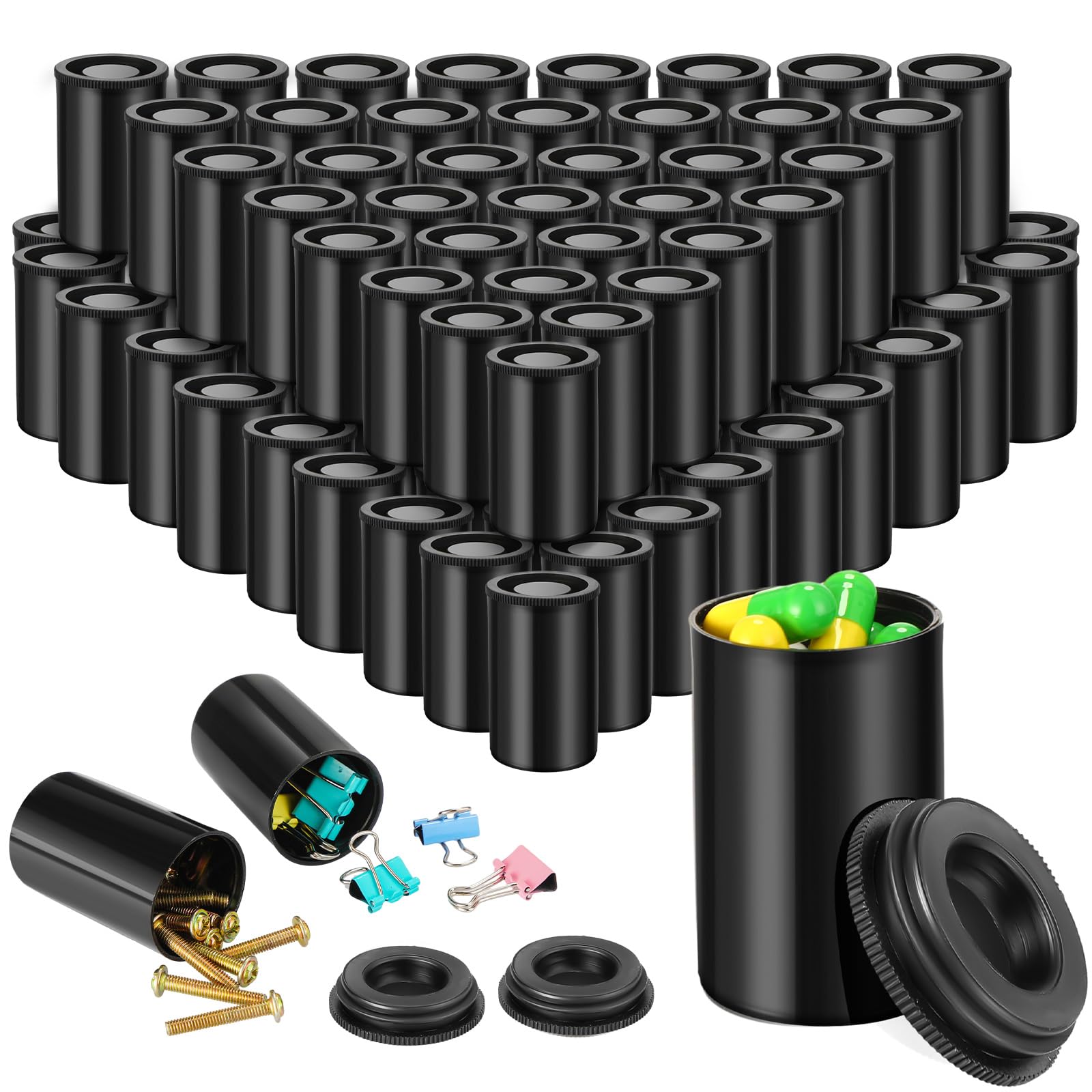 JOVITEC 200 Pcs Plastic Film Canister Holder 35 mm Empty Camera Reel Containers Storage Containers Case with Lids for Small Accessories Fish Hook Film Beads(Black)