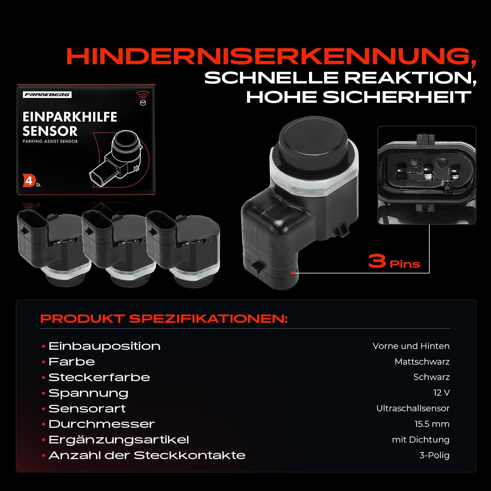 Frankberg 4x Parksensor Vorne Hinten Kompatibel mit C30 533 1.6L-2.5L Electric 2006-2013 S60 II Cross Country 134 2.0L-2.5L 2015-2018 Replace# 30786319