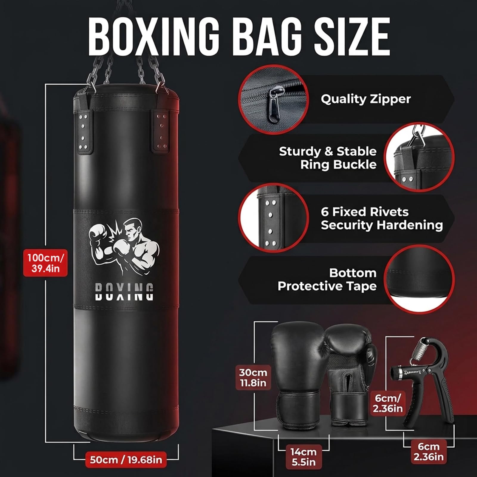 Ninonly - Sacco da boxe per adulti, 100 cm, pesante, con sacco da boxe vuoto, da appendere, palla di reattività, bende per MMA, karate, kickboxing, boxe, casa, palestra, allenamento (non riempito)