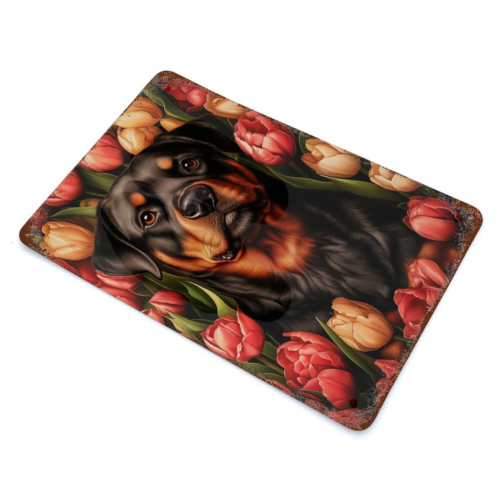 Rottweiler with Tulips Rust Effect Tin Sign 11.8"x7.9", Rustic Home Decor for Garage, Pub Or Kitchen