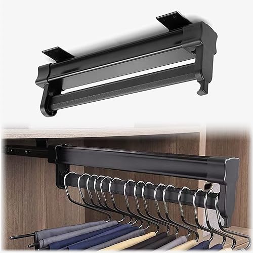 Barra de valet extraíble para armario, color negro, colgador extensible para colgar ropa, pantalones, barra de riel deslizante de doble bola,