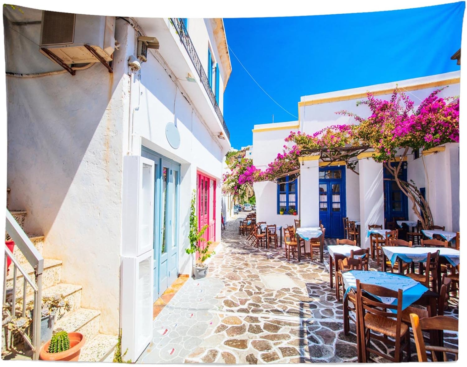 Fabric 12x8ft Greek Village Backdrop Street Background White House Island Streetscape Backdrops Dinner Party Decorations Wedding Honeymoon Travel Holiday Home Decoration Photo Booth Props