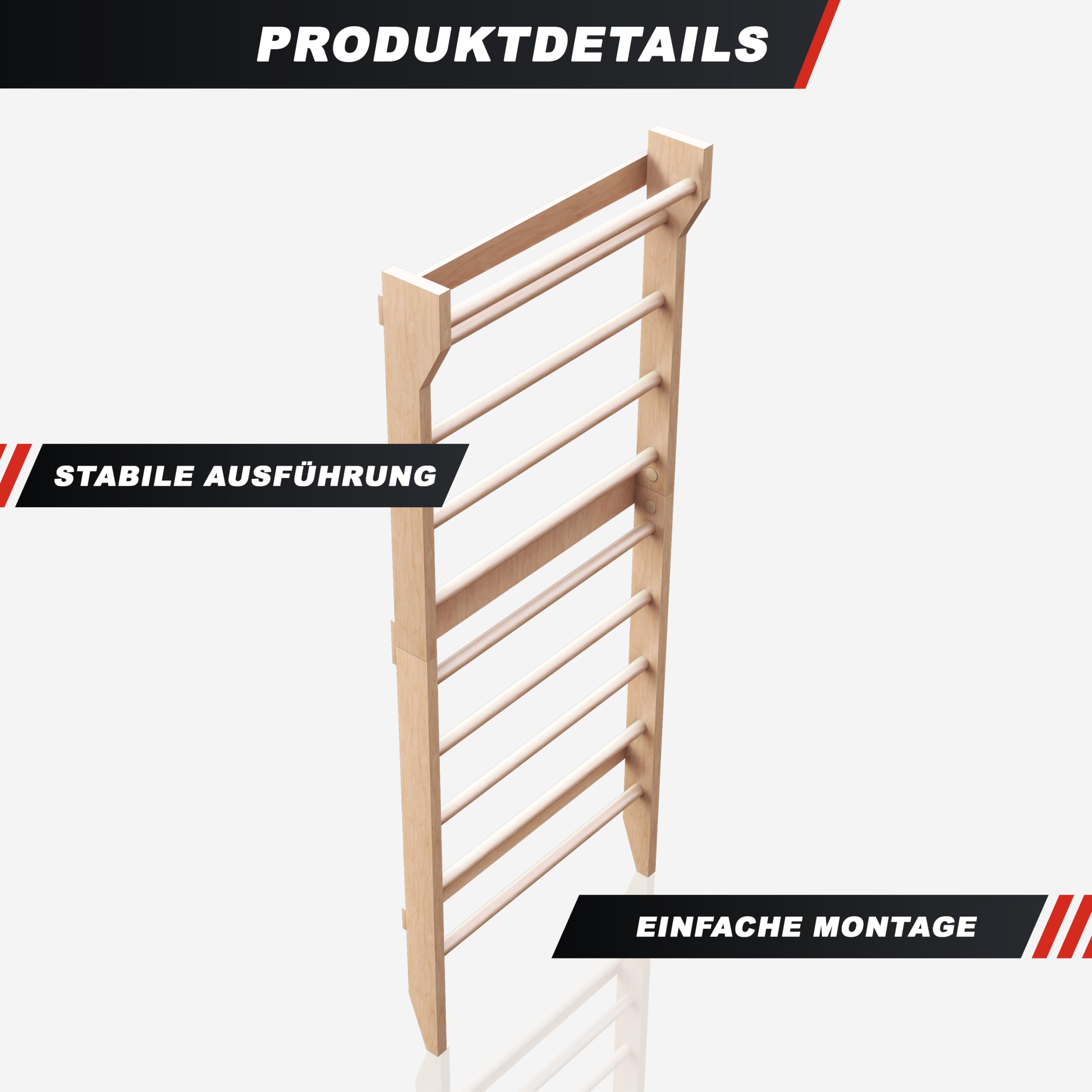 PHYSIONICS® Sprossenwand aus Holz, Wandmontage, platzsparend, bis 100 kg | Mit 5 cm Wandabstand, für Kinder und Erwachsene; Kletterwand, Turnwand, Indoor Klettergerüst, Gym Equipment, Fitness Zubehör