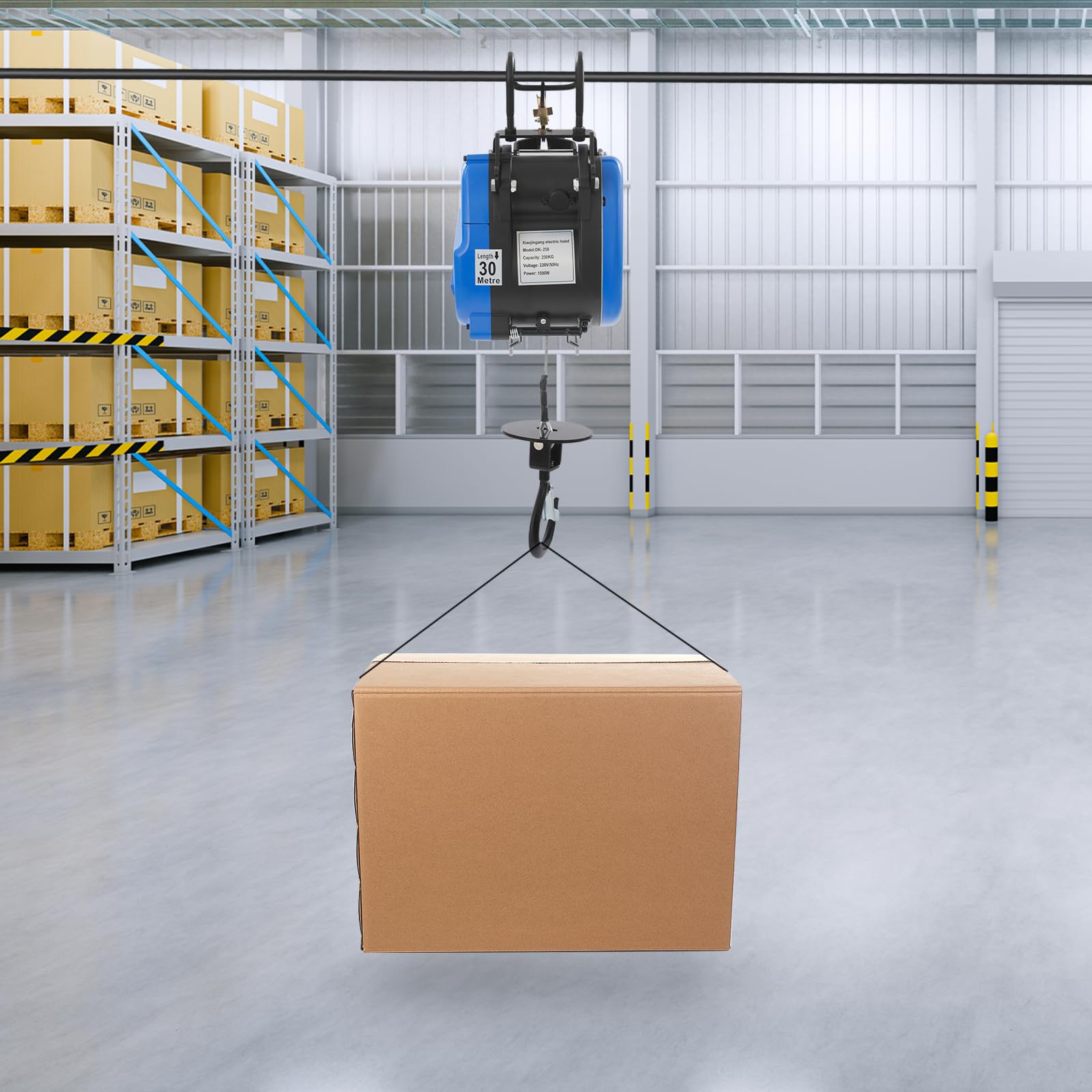 Elektrischer Hebezug 250 kg 1500W, elektrische Seilwinde 220V mit 30 m Stahlseil, 29 m Hubhöhe, 19 m/min, Kabelsteuerung und Funkfernbedienung für Lager, Garage und Baustelle