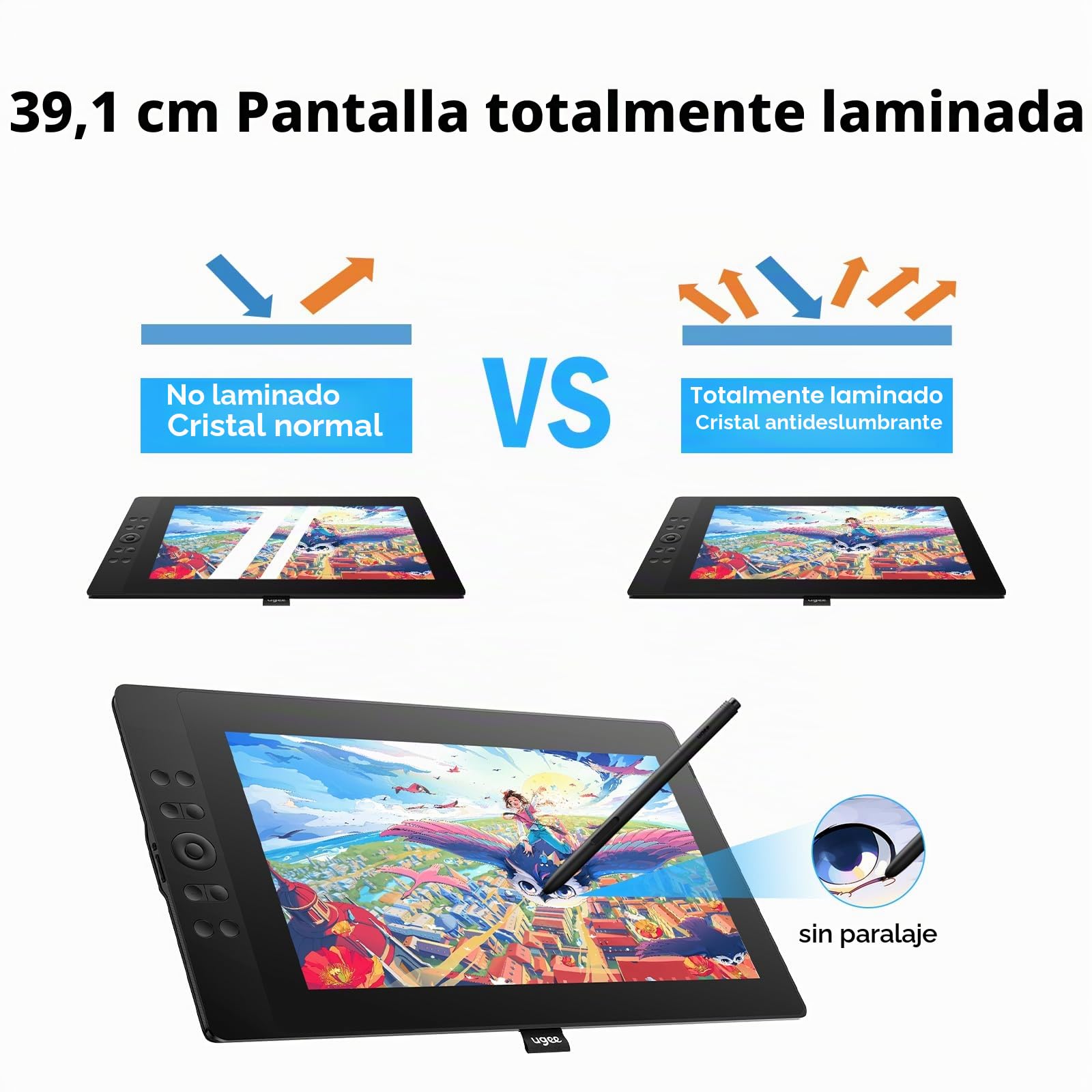 UGEE Tableta de dibujo de 15.4 pulgadas con pantalla, 143% sRGB UE16 tableta gráfica de computadora con pantalla laminada completa 8+1, teclas de acceso rápido de 16 K, lápiz capacitivo sin batería,