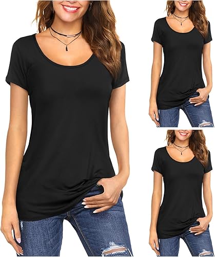 Amoretu Womens Tops 3-Pack Short Sleeve Basic Scoop Neck Tee Shirts Black L