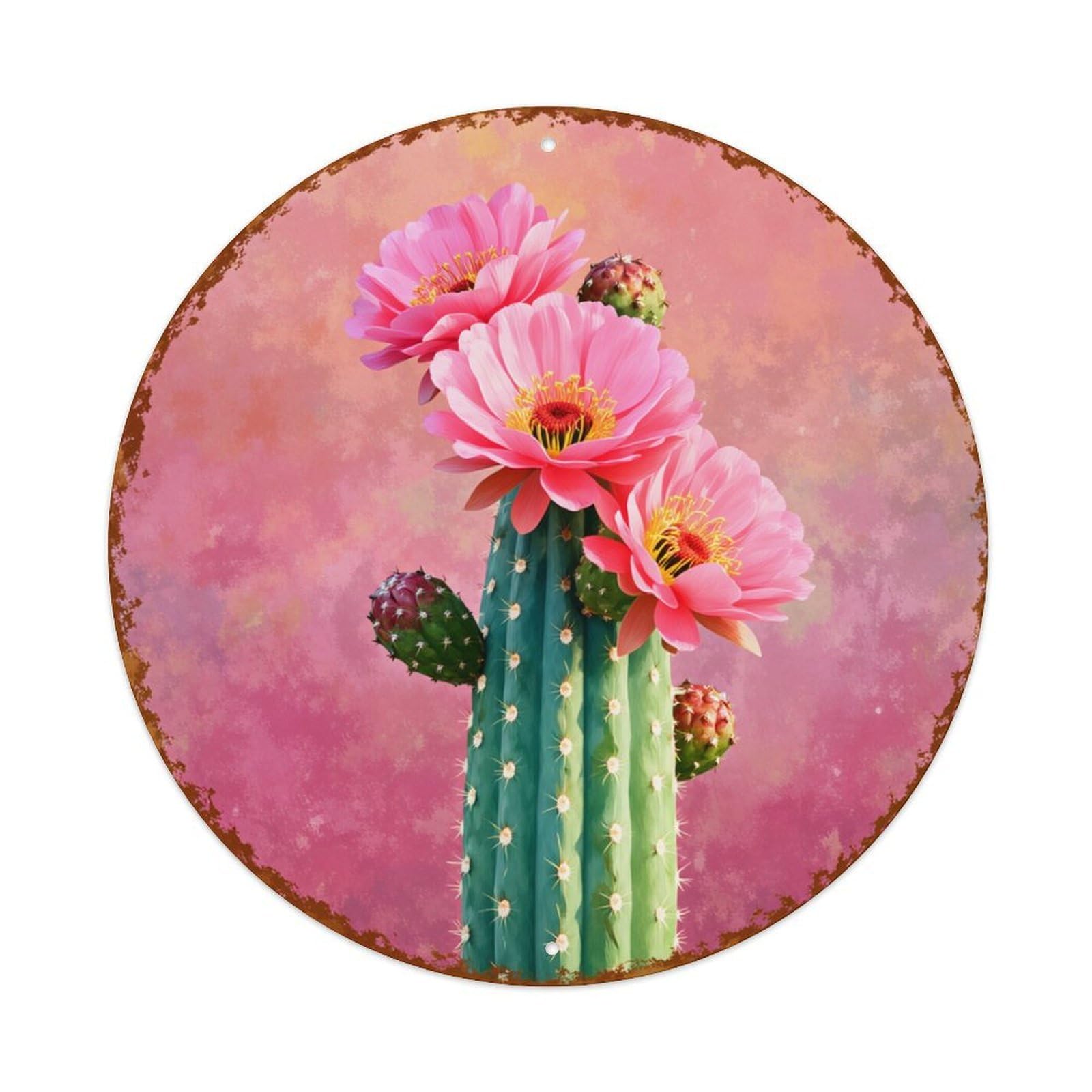Cactus Flower Pink Background Art Round Tin Sign Retro Metal Sign for Cafe Bar Pub Home Game Room Gym Club Wall Decoration Vintage Metal Poster 8x8 Inch
