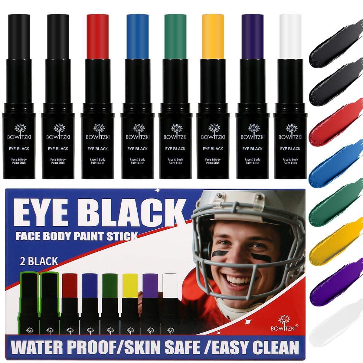 Bowitzki Water Resistant Under Eye Black Stick Sports Face Paint Body Markers Makeup Athletes Softball Stuff Lacrosse Baseball Drip Football Gear Game Accessories Gift 8 Colors Eyeblack Painting Kit