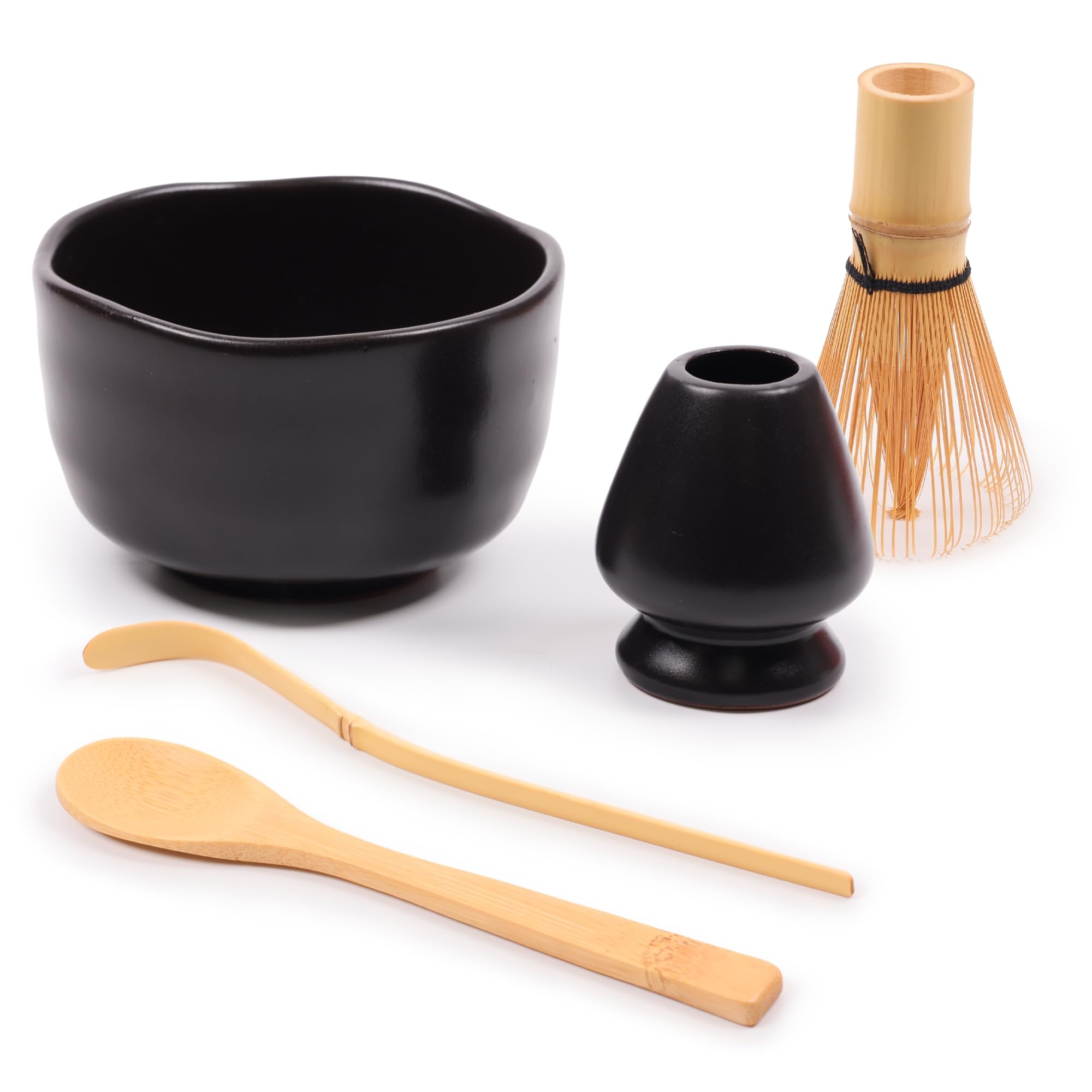 BambooMN Brand - Matcha Bowl Set (Includes Bowl, Rest,Tea Whisk, Chasaku, Tea Spoon) 1 Set Black