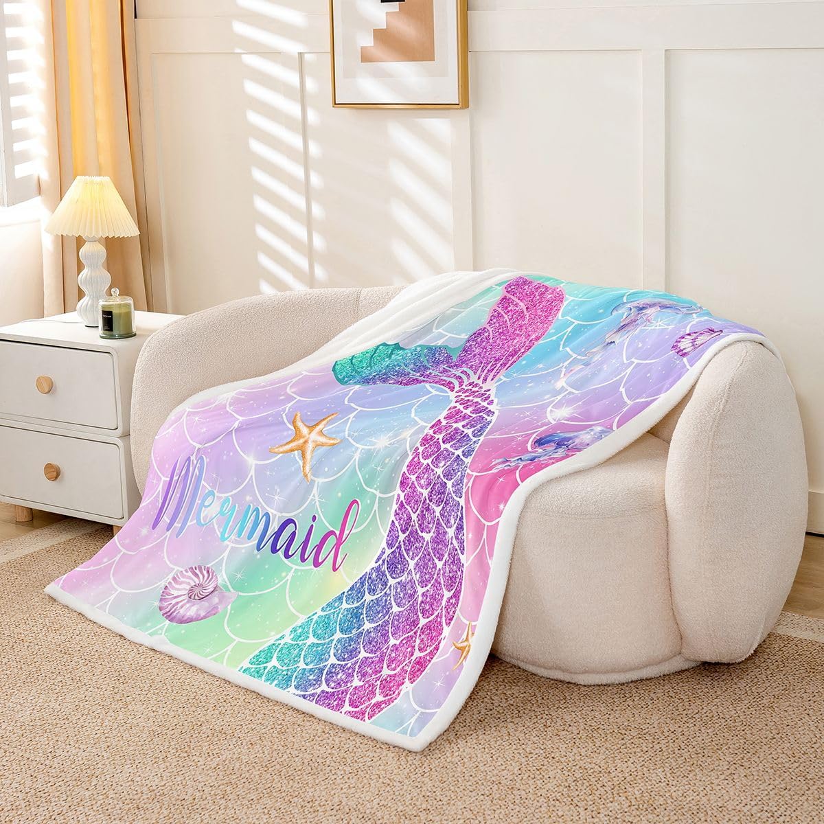 Feelyou Mermaid Sherpa Blanket Plush Fuzzy Ocean Life Sea Animal Fleece Throw Blanket Boys Girls Fish Scales for Bed Couch Chair Living Room Princess Decor Bedroom Decor Pink Purple Twin 60"x80" image 2