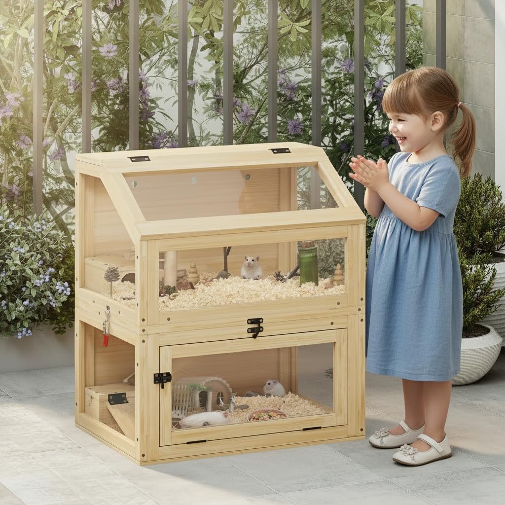 Nagarium - Jaula para hámster de dos pisos de madera natural con cristal acrílico – Grande 60 x 40 x 70 cm, jaula para ratas de libros, jaula de varios niveles con niveles separables y puertas