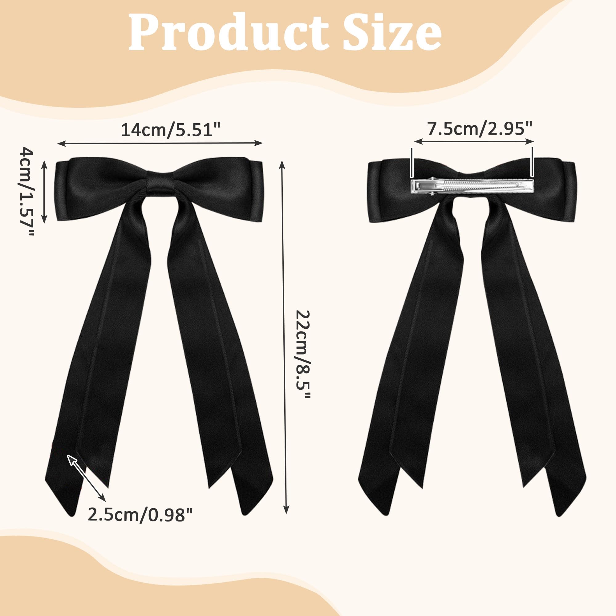 4PCS Elegant Hair Bows for Women & Girls - Black Hair Ribbons with Satin Finish, Adjustable Clips (Beige/White/Pink/Black) - Image 2