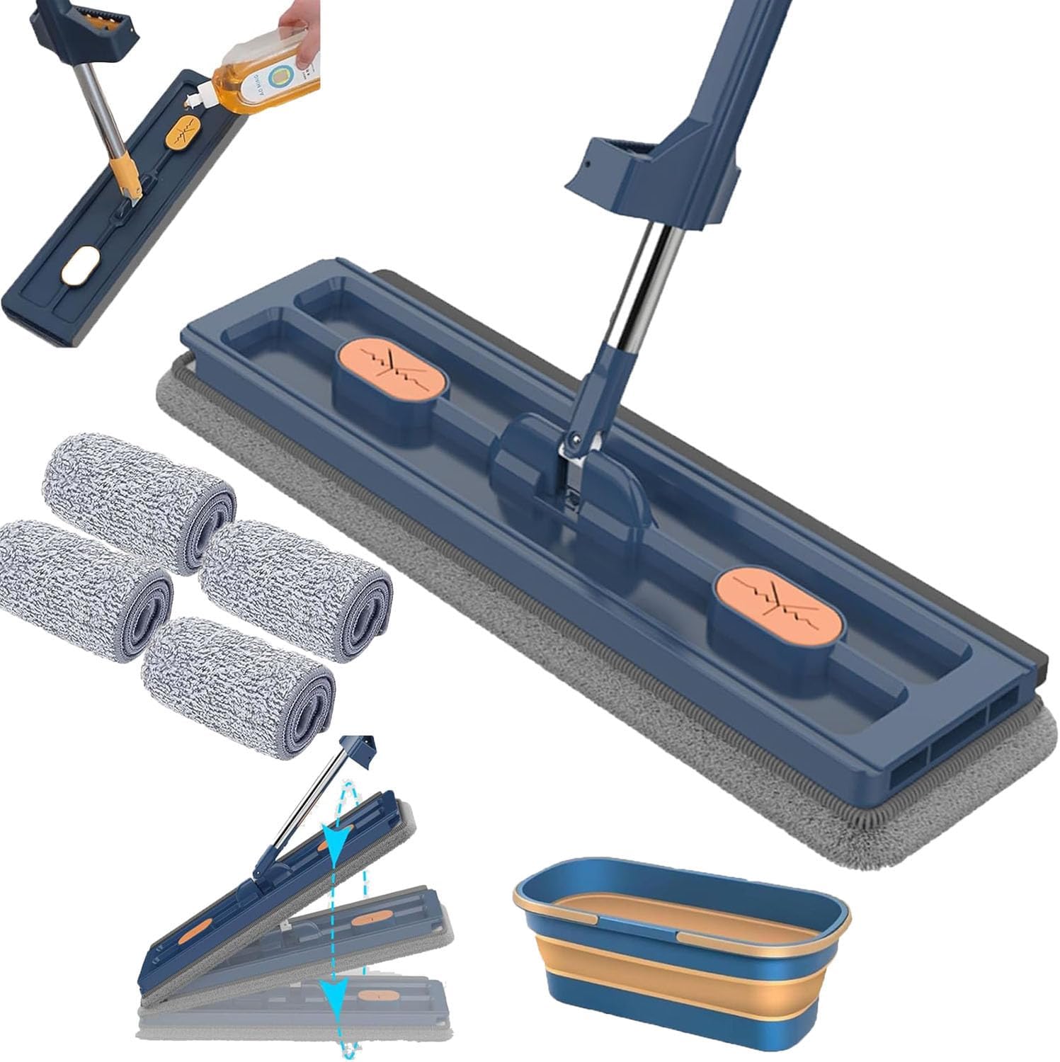 Mop and Bucket with Wringer Set, Large Flat Mop, Large Flat Mop and Bucket System, 360 Rotating, with 6 Reusable Microfiber Pads Dry and Wet (Blue + Bucket)