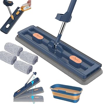 Mop and Bucket with Wringer Set, Large Flat Mop, Large Flat Mop and Bucket System, 360 Rotating, with 6 Reusable Microfiber Pads Dry and Wet Blue + Bucket