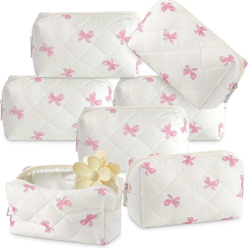 Paterr Necessaires de Maquiagem em Algodão Matelassado com Zíper, Estampa Floral e Laço Rosa, Pacote com 6