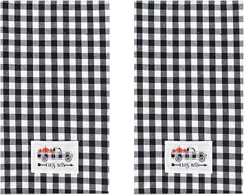 Fall Kitchen Towel Set, Buffalo Plaid Pickup Truck with Pumpkins Print, 2 Cotton Towels, Black and White Check