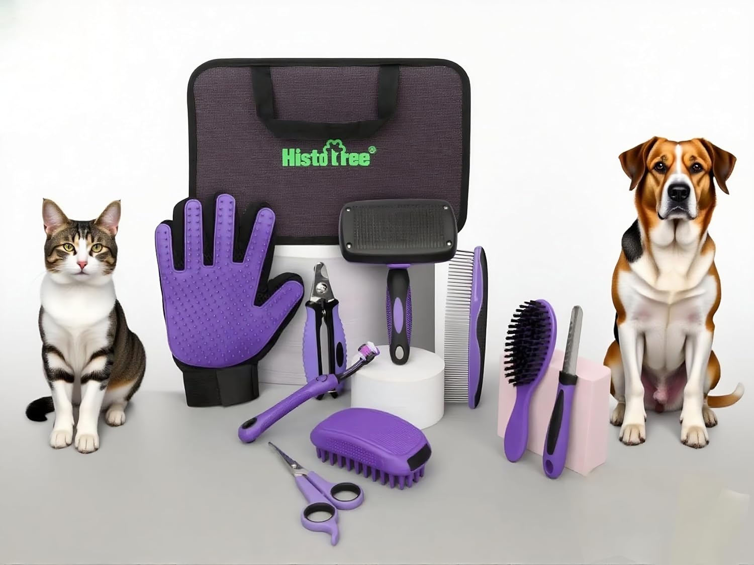 Pet Hair Grooming Tool Kit-9 Packs,Dog Cat Grooming Kit,Washing Gloves,Slicker Brush,Nail Trimming Tools,Dog Toothbrush,Comb and Grooming Scissors Set