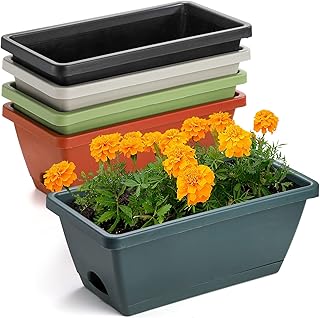 Hedume 5 Pack 14 Inches Flower Window Box, Plastic Vegetable Planters, Plastic Flower Box Planter for Windowsill, Patio, Garden, Home Décor, Porch